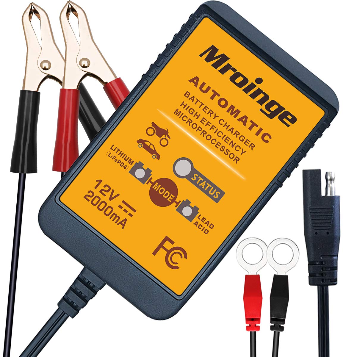 Mroinge 12V 2A Smart Battery Charger for Lead Acid & Lithium Batteries - Black