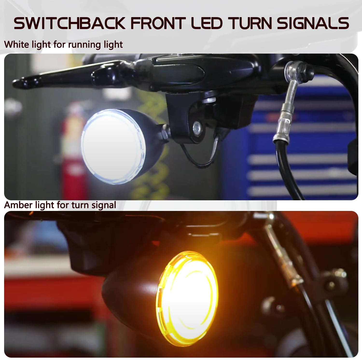 MotoParAcc Switchback Front Bullet LED Turn Signals with Relocation Kit, Motorcycle Running Lights Compatible with Harley Sports