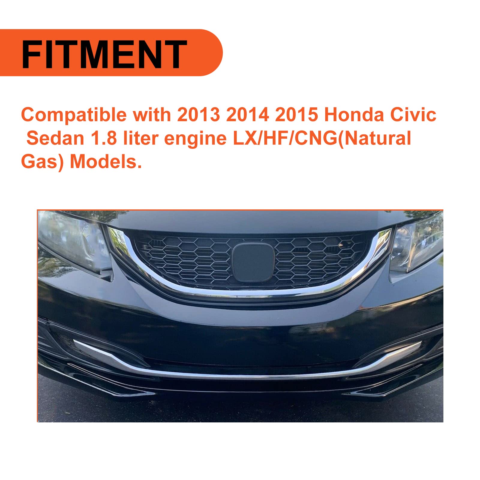 ECOTRIC Front Grill for 2013-2015 Honda Civic Sedan, Black Plastic, Model XM-003-Z1, Chrome Molding, HO1200216, HO1202109