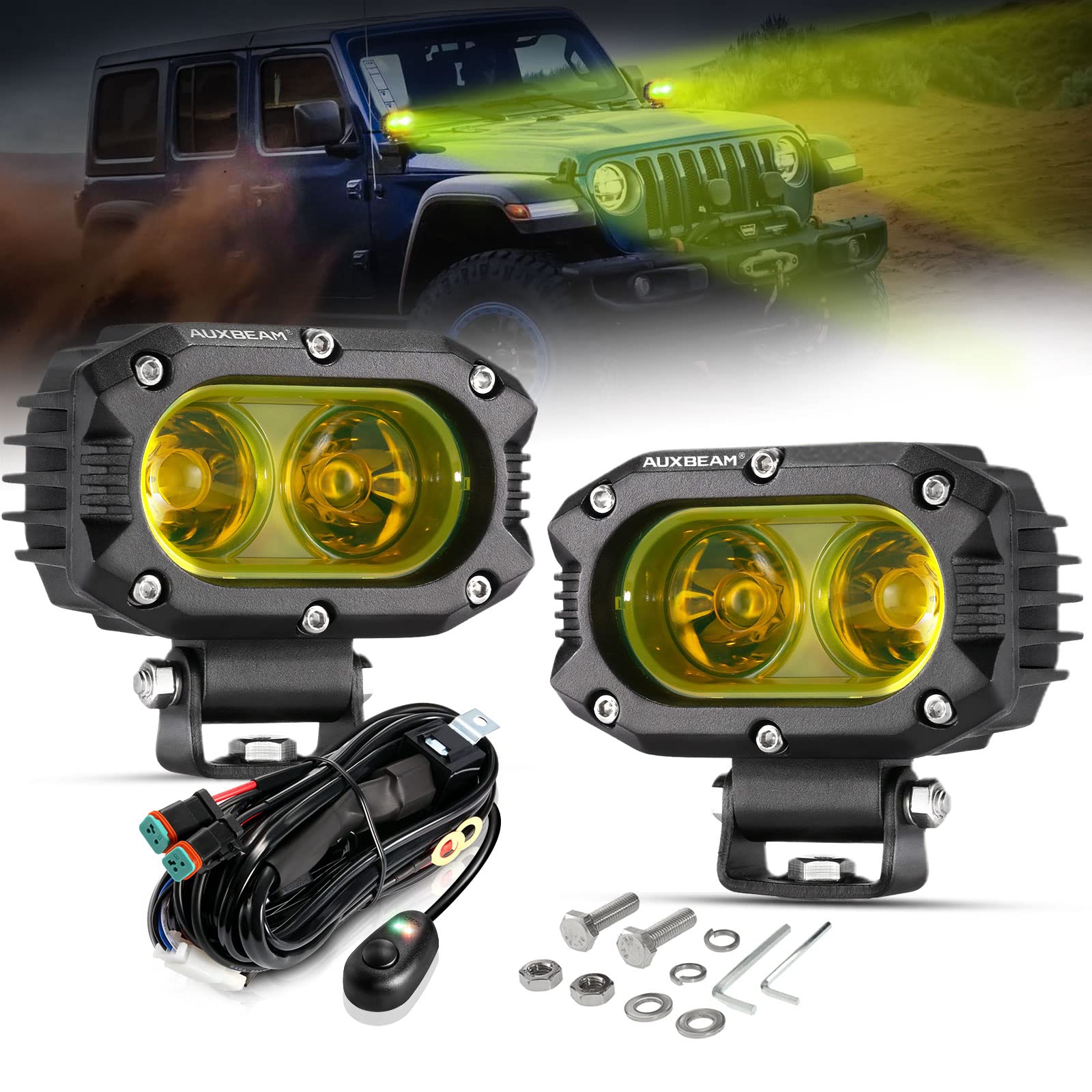 Auxbeam 4 Inch Led Amber Pod Light, 5050 Driving Light 60W Yellow Flood Beam Square Pod Fog Light With Dt Wiring Harness For Mot
