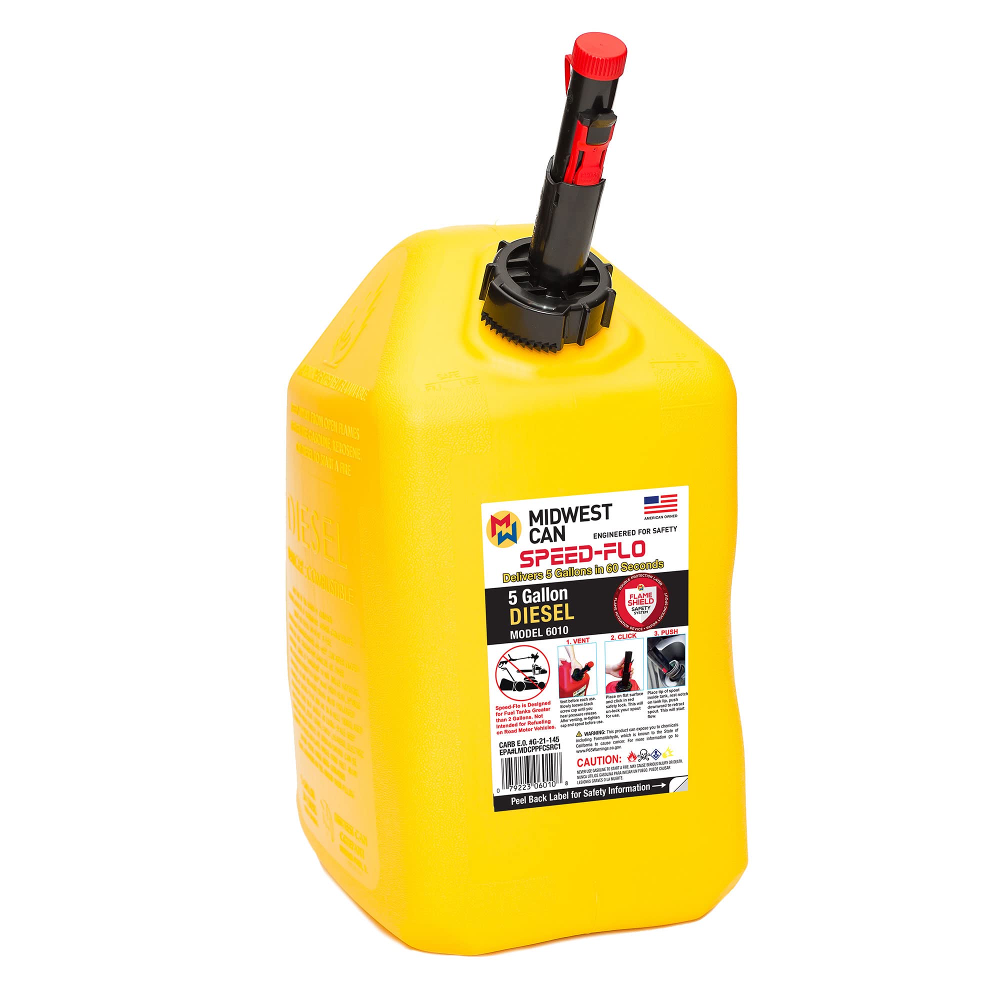 Midwest Can Company MC6010 Pro Line Gasoline Can Fuel Container Jug with SpeedFlo Spout and Flame Shield System, 5 Gallons, Ye