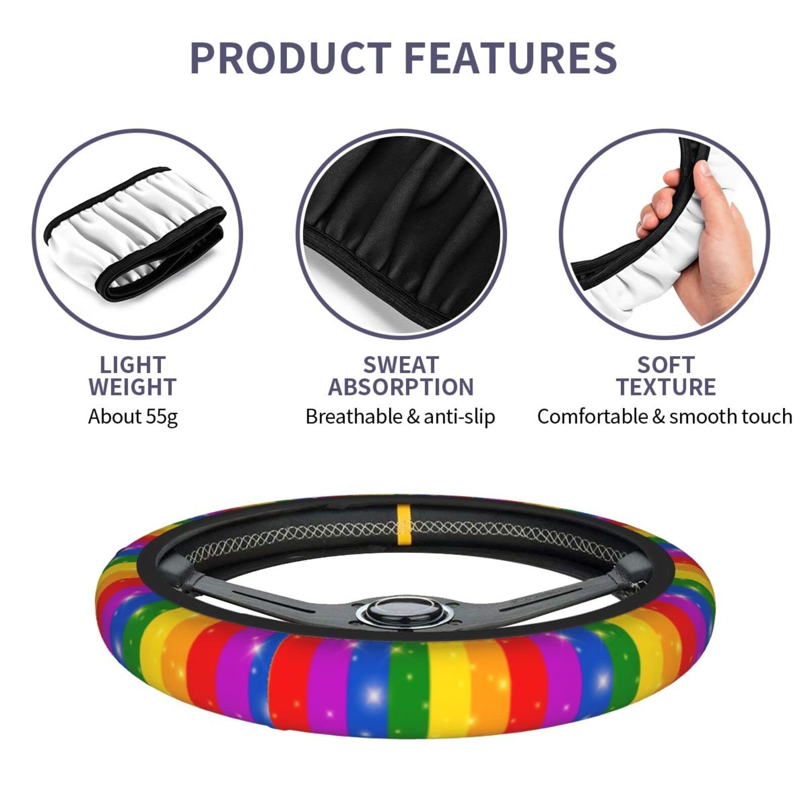KUOAICY Neoprene Steering Wheel Cover 15" Non-Slip Black Rainbow Pride Flag Universal Protector