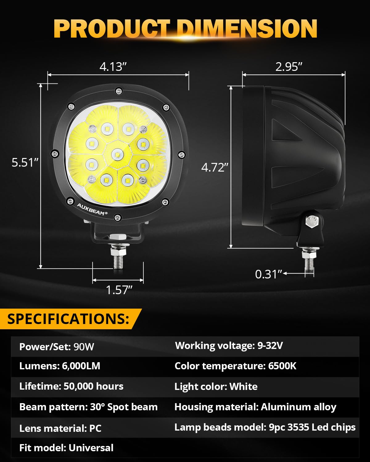 Auxbeam 4In 90W Round Led Offroad Lights, 2Pcs 9000Lm Led Light Pod Super Bright Round Driving Light With Wiring Harness Kit Spo