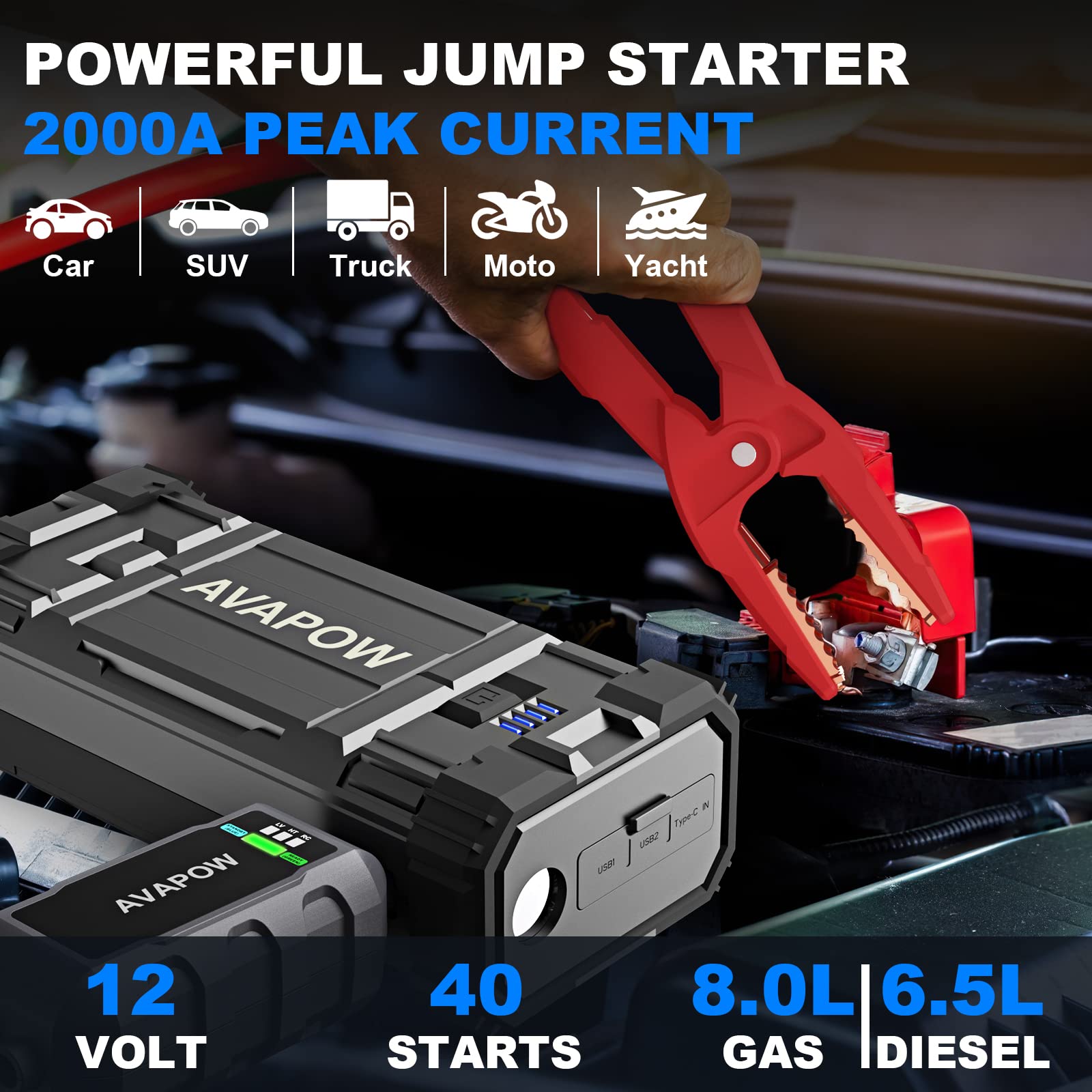 AVAPOW Jump Starter 2000A Peak 18000mAh Portable Battery for Cars, Dual USB Quick Charge 3.0, Compact Lithium Power Pack