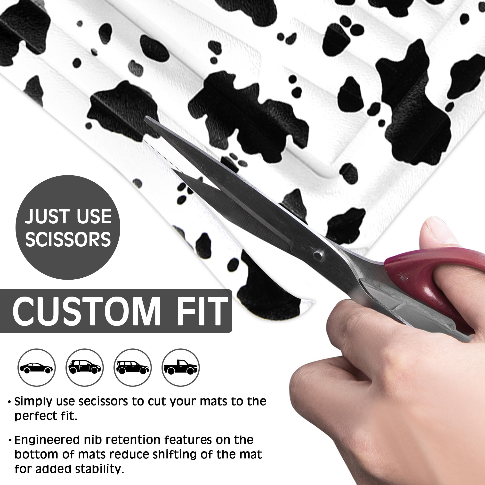 Cass Pass Leather Cow Print Car Floor Mats, 3D Waterproof All Weather, Universal Trim To Fit & Anti-Slip Burr Bottom, Safety & L