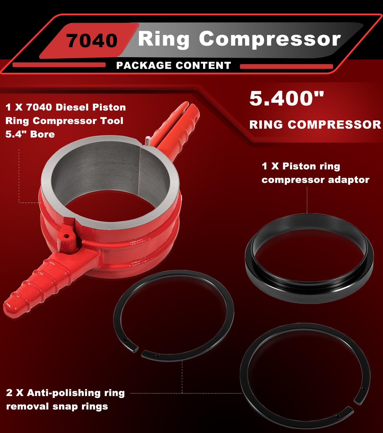 Camoo Piston Ring Compressor Tool Kit for Cummins ISX & Caterpillar C15, 5.4" Bore, Red, Model HSH-403, Includes Adapter & Anti-Polishing