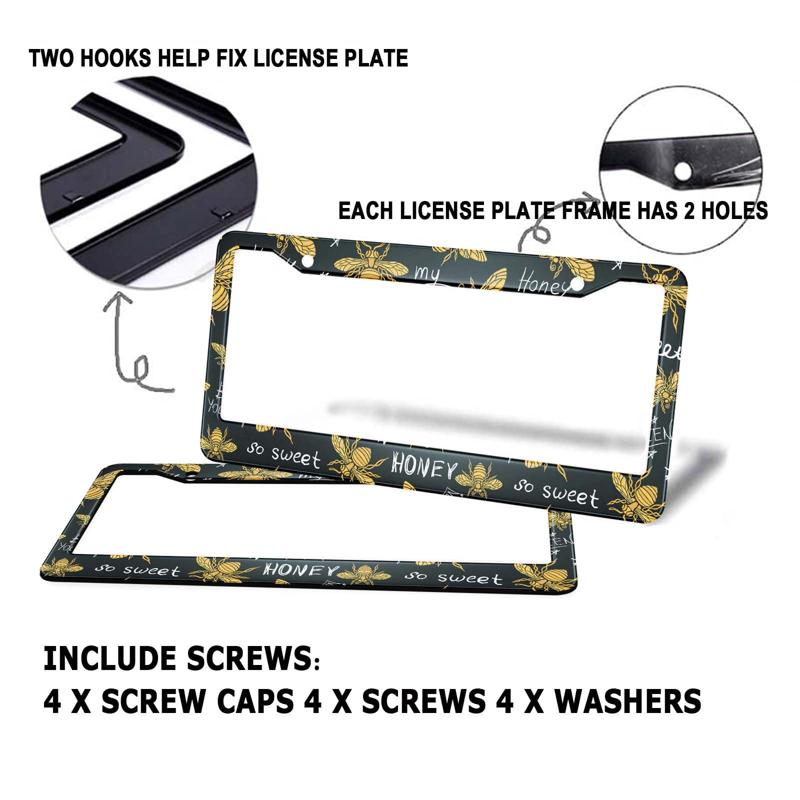 HOSNYE Honey Bee License Plate Frame 2 Pcs Golden Honey Bee So Sweet Metal Cute Licenses Plates Frames Licenses Plate Covers Car
