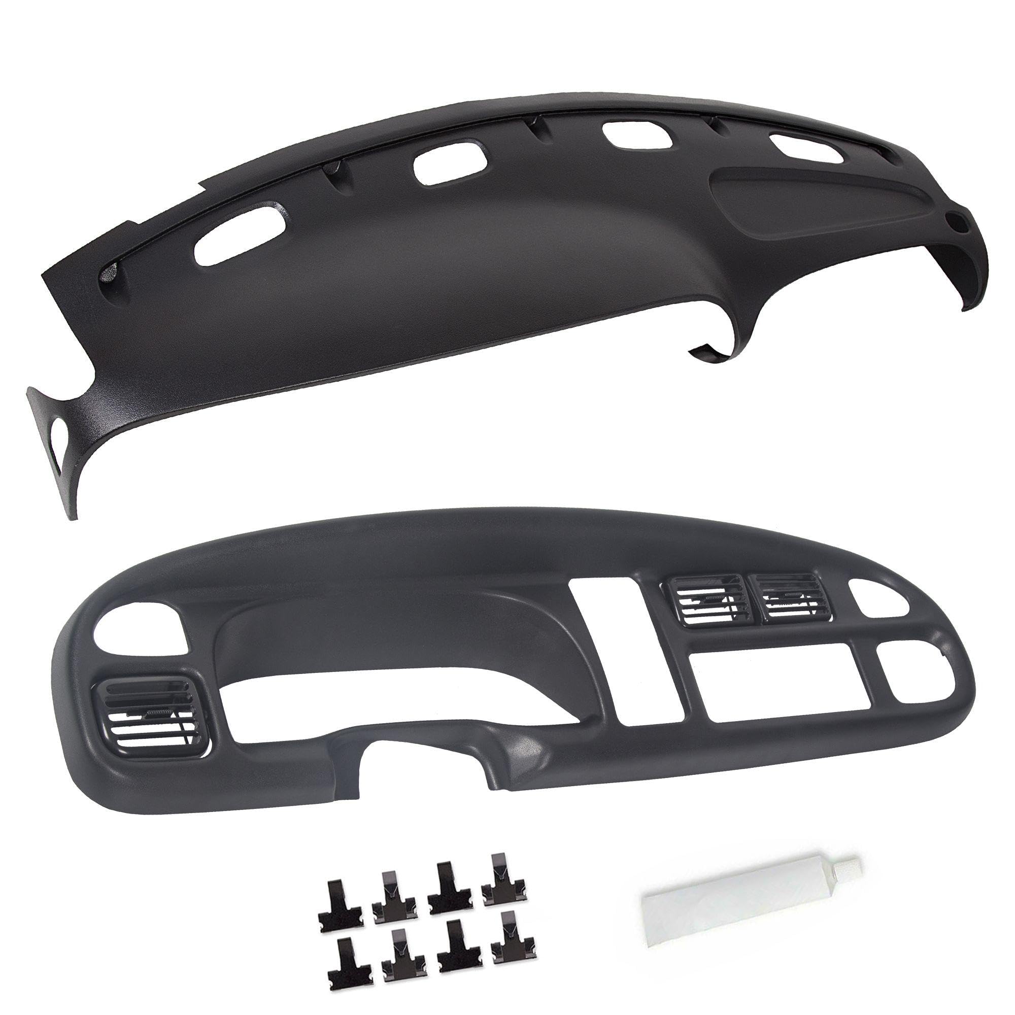 Ecotric Bezel Cover Instrument W/Vent & Dashboard Overlay Cover Kit Compatible With 1998-2002 Dodge Ram 1500 2500 3500 Bezel & D