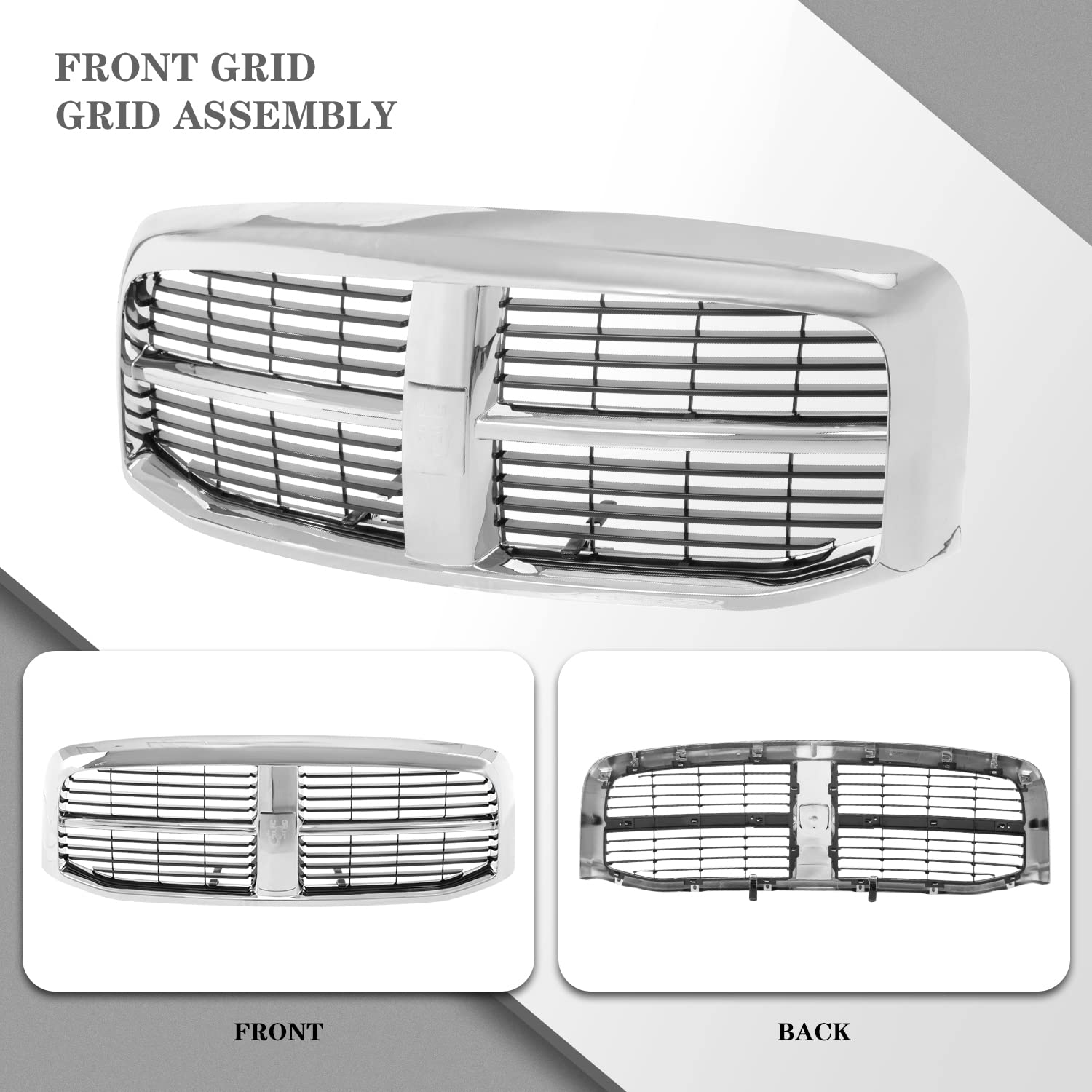 CarPartsDepot Front Grill Grille Assembly Replacement for Dodge Ram 1500/2500/3500, Unpainted, Chrome & Black Insert, 2006-2009
