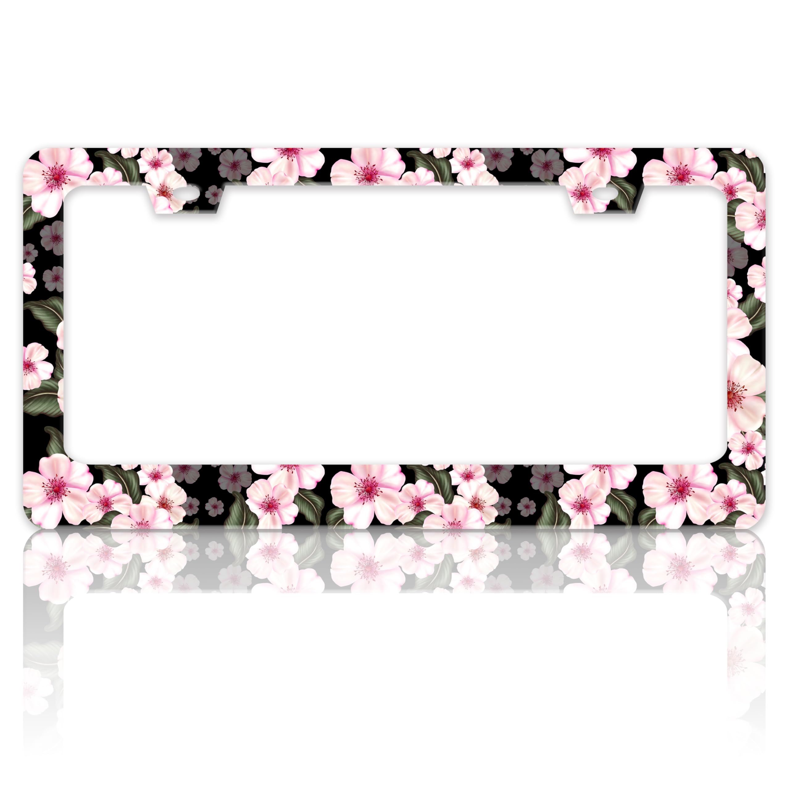 Cherry Blossom License Plate Frame Stainless Steel Pink Flowers License Plate Holder for Front and Rear Car Tags Funny for Car D