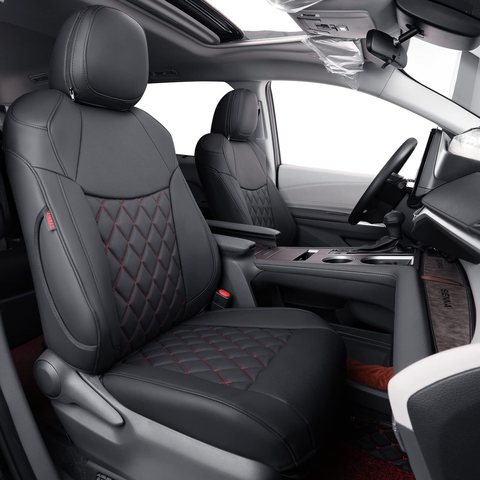 Coverdream Sienna Seat Covers Custom Fit For 2021-2024 2025 Toyota Sienna Le & Xle (8-Seater),2Nd Row Bench Seats W/Removable Middle Seat,Full Coverage Leather Car Seat Protector (Full Set,Black/Red)