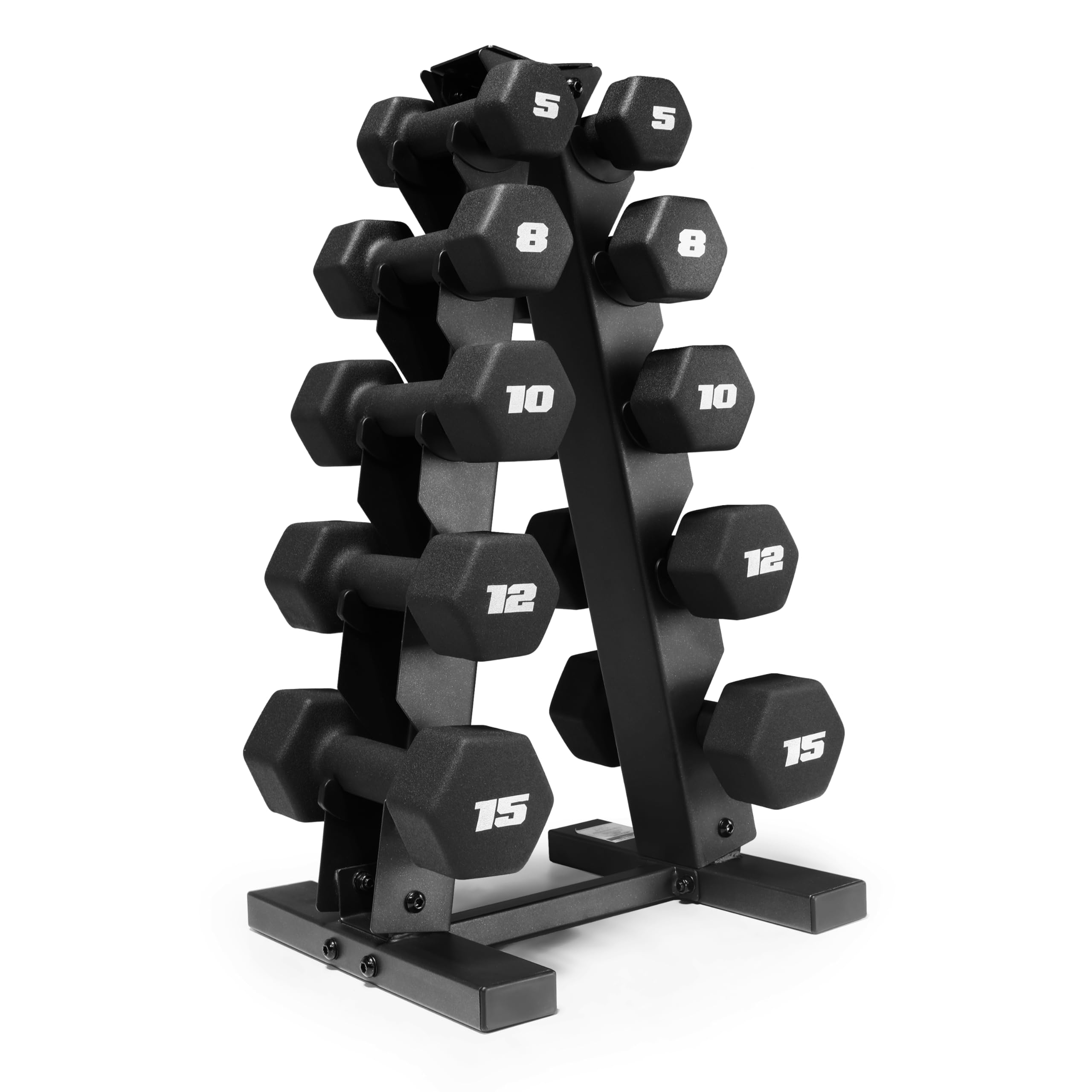 Cap Barbell 100 Lb Neoprene Hex Dumbbell Weight Set With Vertical A-Frame Rack - Black -Like New
