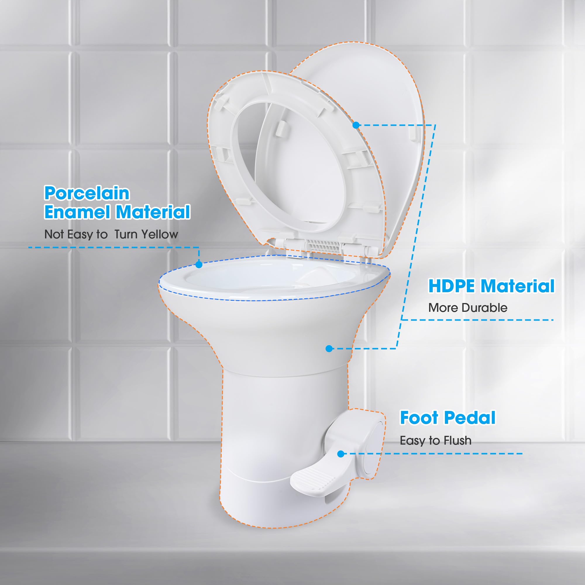 AW RV Toilet Elongated 20" High Profile Porcelain Enamel & HDPE Gravity Flush - White, Model 22GFT002-5704-0709-1