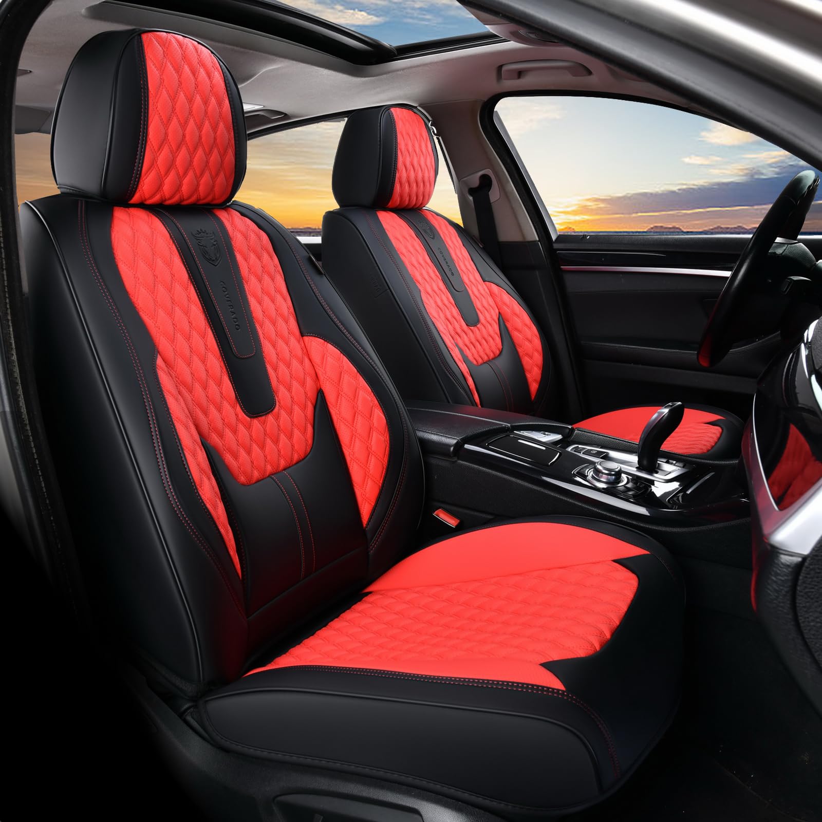 Coverado Car Seat Covers Full Set, 5 Seat Leather Seat Covers for Cars, Car Seat Protector with Lumbar Support, Waterproof Seat