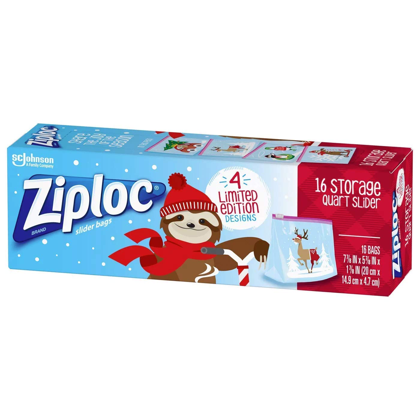 SC Johnson Ziploc Quart Food Storage Slider Bags, 16 Count, Power Shield Technology, Clear, 7.87x5.86x1.85 Inch, Holiday Designs