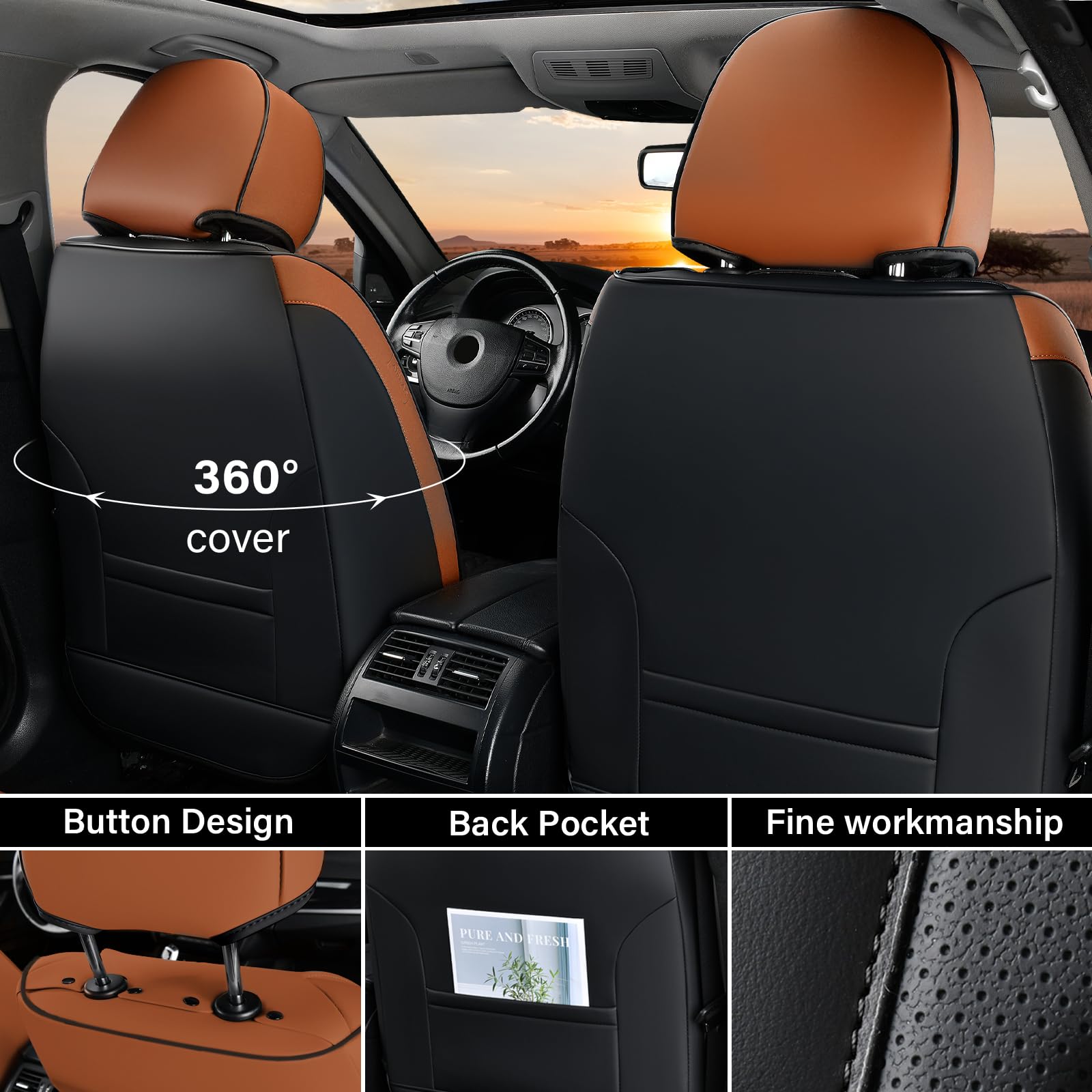Coverado Seat Covers Full Set, 5 Seats Car Seat Cover, Front And Back Seat Covers For Cars, Breathable Faux Leather Car Seat Cus