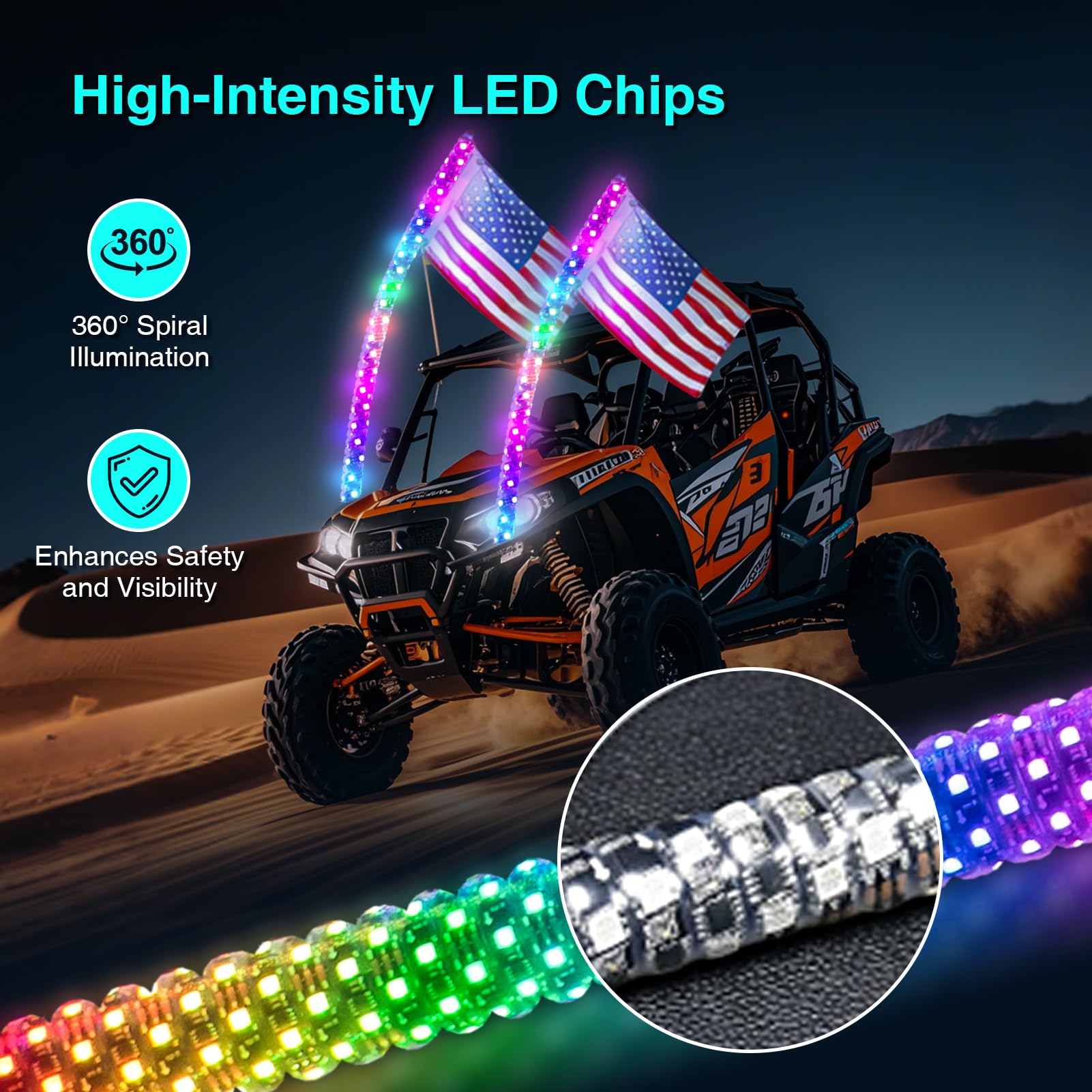 Arnzion LED Whip Lights, 2PCS 3FT Lighted Whips with App & Remote Control, Whip Lights for Side by Side with Turn Light, RGB Cha