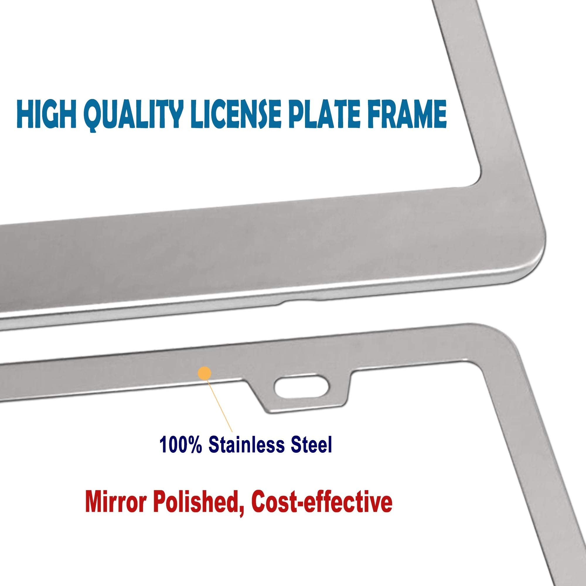 Bggtmo Stainless Steel License Plate Frames- Heavy Duty Metal Car Tag Cover For Front & Rear, 2 Pack Slim Holders With Chrome Screws Caps For Women/Men, Rust/Rattle Proof Pads, Tire Valve Stem Caps