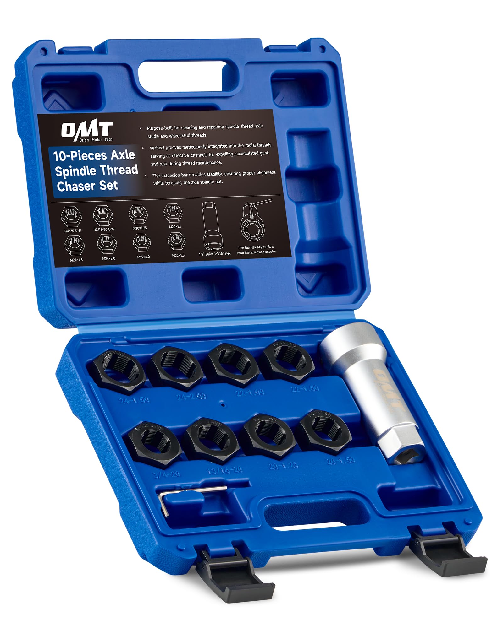 Orion Motor Tech 10pc Axle Spindle Threading Set, Axle Nut Rethread Repair Tool Kit with 8 Dies (M20 M22 M24 & 3/4 13/16 UNEF), 