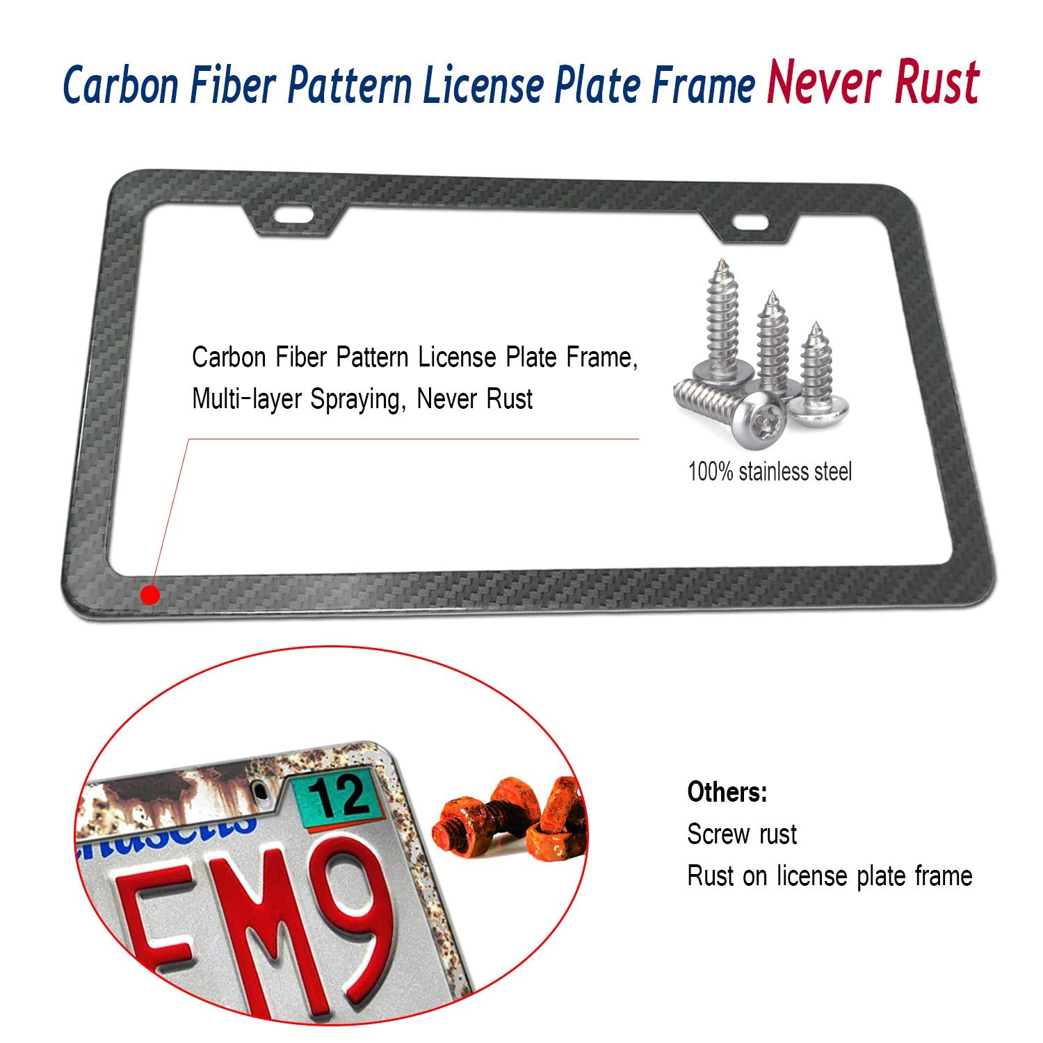Aootf License Plate Frames Anti Theft- Tamper Proof Carbon Fiber Patterns Car Tag Holder, Heavy Duty Black Aluminum Bracket, Mou