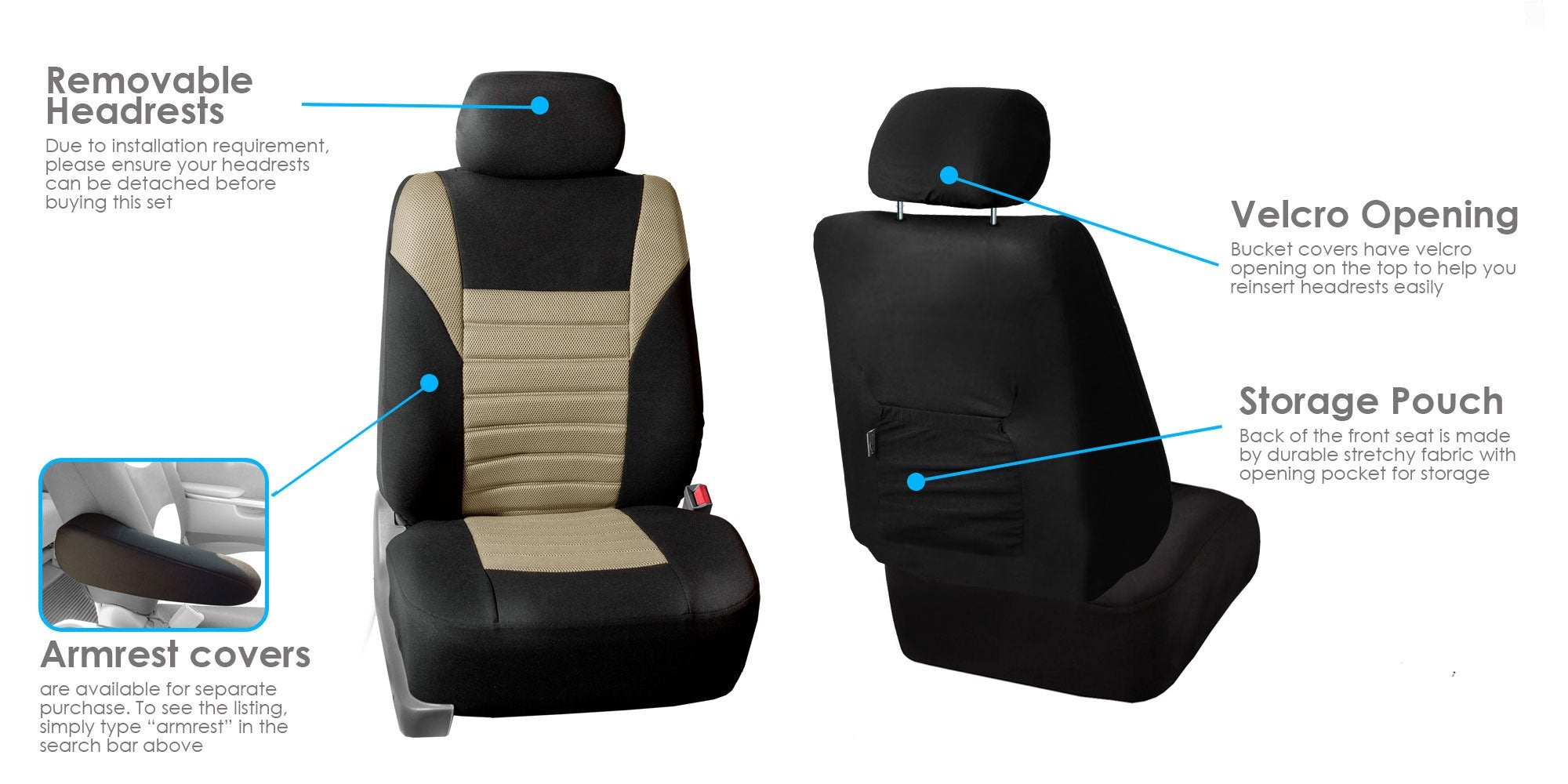 Fh Group Automotive Car Seat Covers Full Set Premium 3D Air Mesh Beige And Black Seat Covers, Airbag Compatible And Split Bench