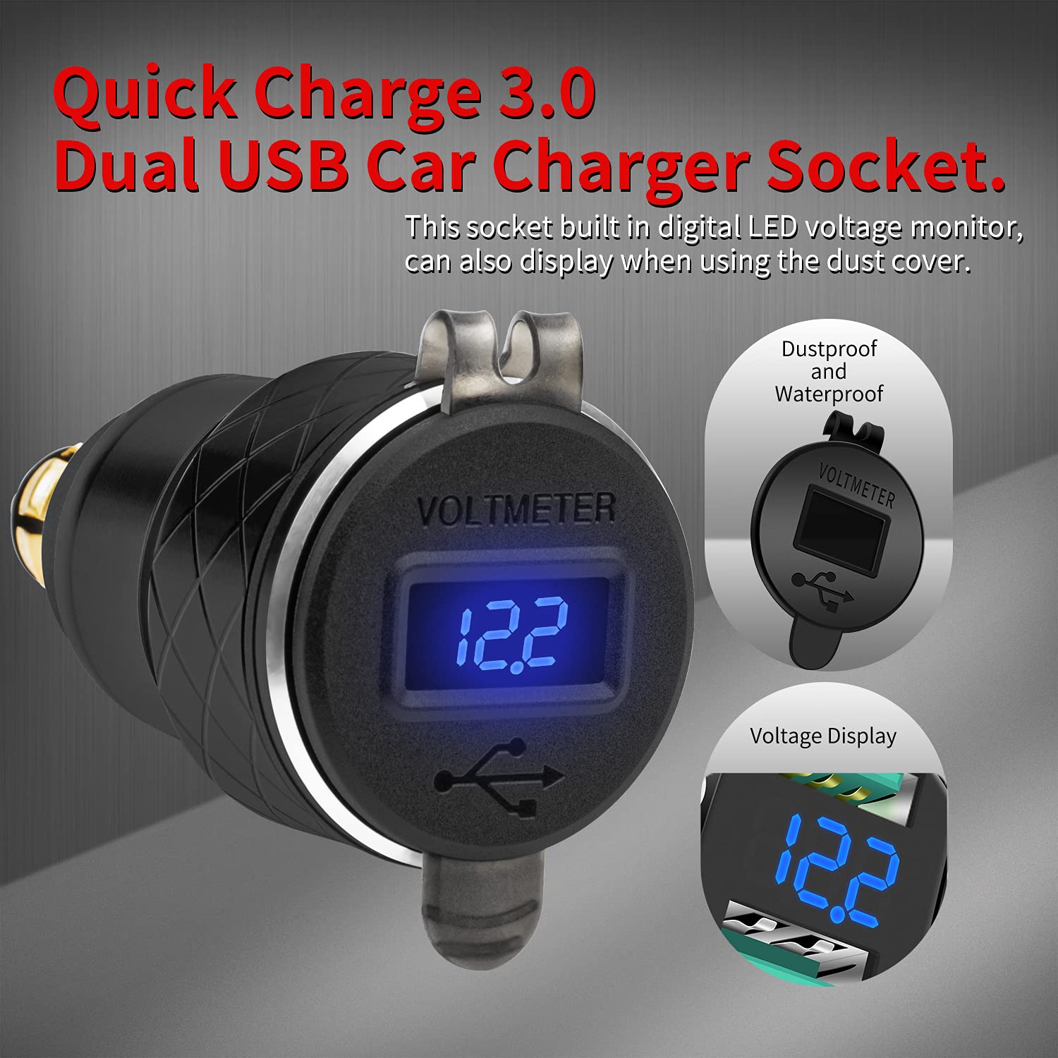 DAIERTEK USB-B5 DIN Hella Plug Dual USB Charger Adapter for BMW Triumph Ducati, Quick Charge QC 3.0, Black, Waterproof with Blue LED Voltmeter