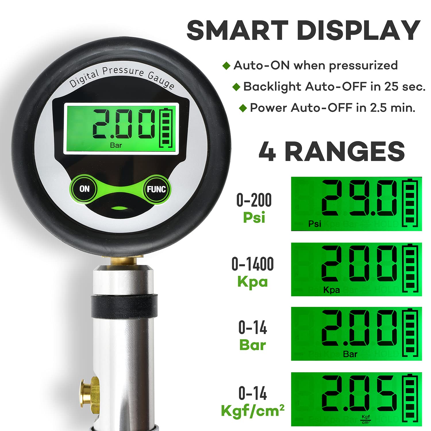 CycloSpirit Digital Bicycle Tire Inflator Gauge - Presta & Schrader, Aluminum, Black, Model TIG2v2