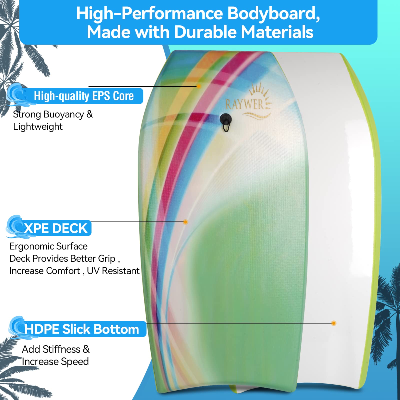 RAYWER Body Board - 41-Inch Lightweight EPS Core, HDPE Slick Bottom, Green, with Leash & Adjustable Wrist Rope