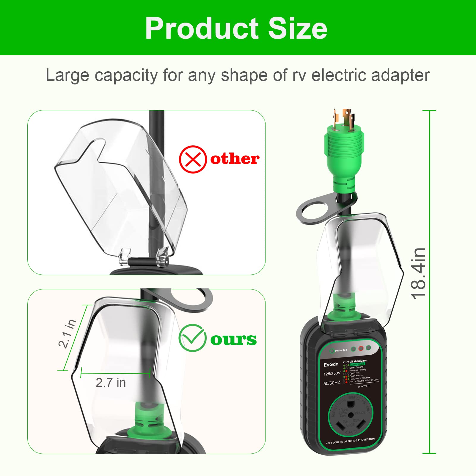 EyGde 4 Prong RV Generator Adapter, Nema L14-30P to TT-30R, 30 Amp, Green with Circuit Analyzer LED Indicator