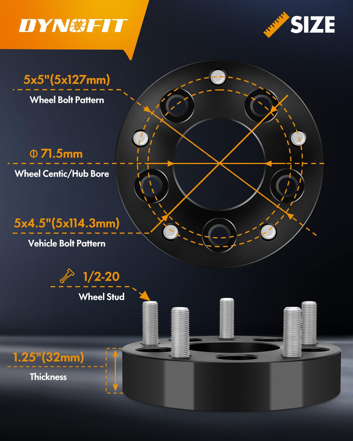 Dynofit 5x4.5 to 5x5 Wheel Adapters, 1.25" Forged Conversion, 4PCS, Model 5x4.5-5x