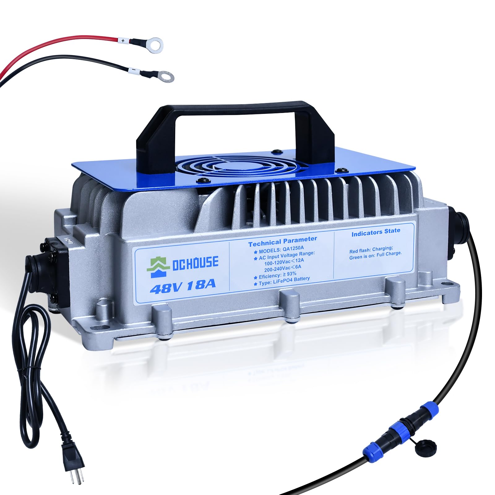 DC HOUSE 48V 18A Lithium Battery Charger - 900W Fast Charging, IP65 Waterproof, Cooling Fan, Model QA1250A-58.4V18A, Silver