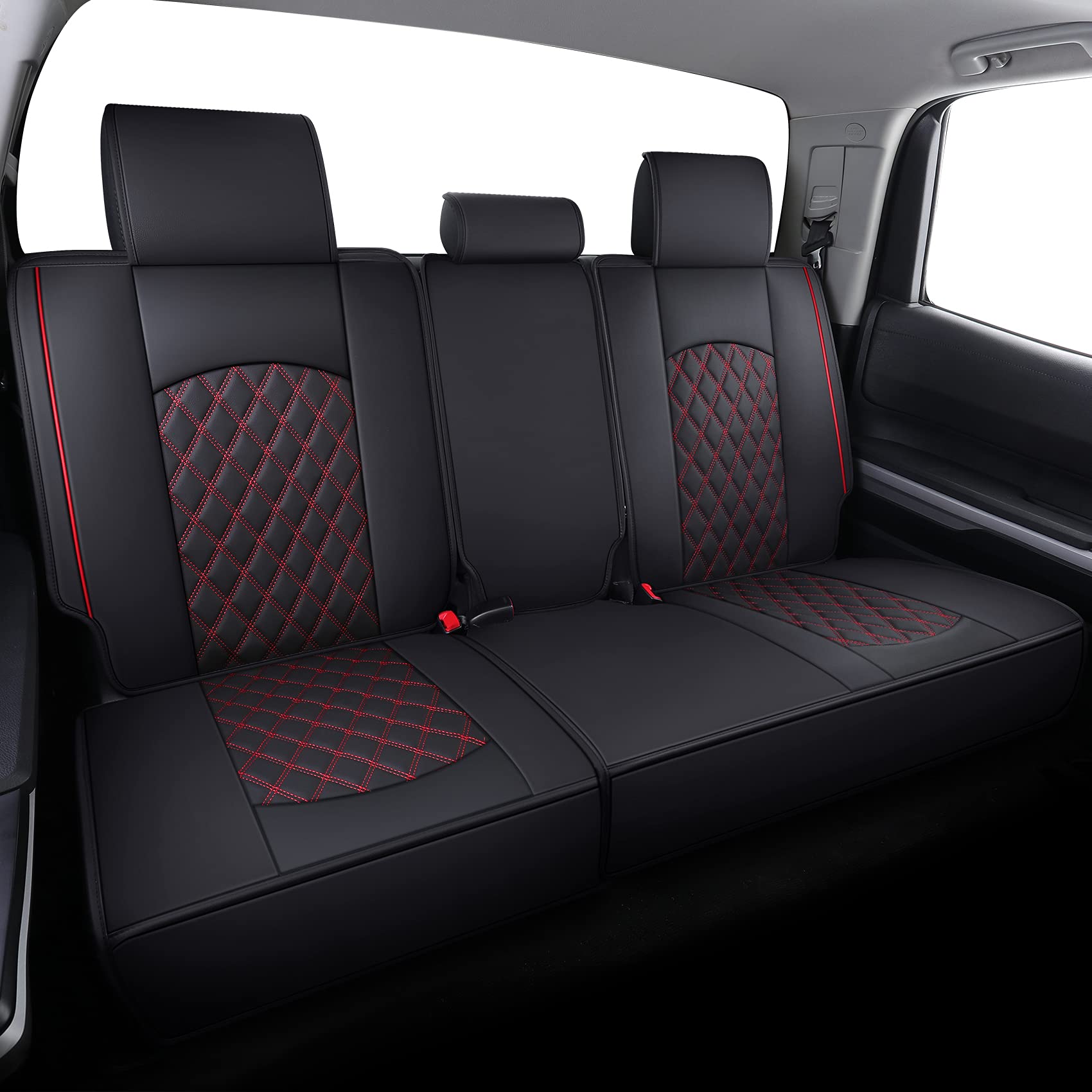 YIERTAI Waterproof Leather Seat Covers for 2008-2025 Toyota Tundra SR5, 5 PCS Full Set, Black-Red, Crewmax/Double Cab Protection