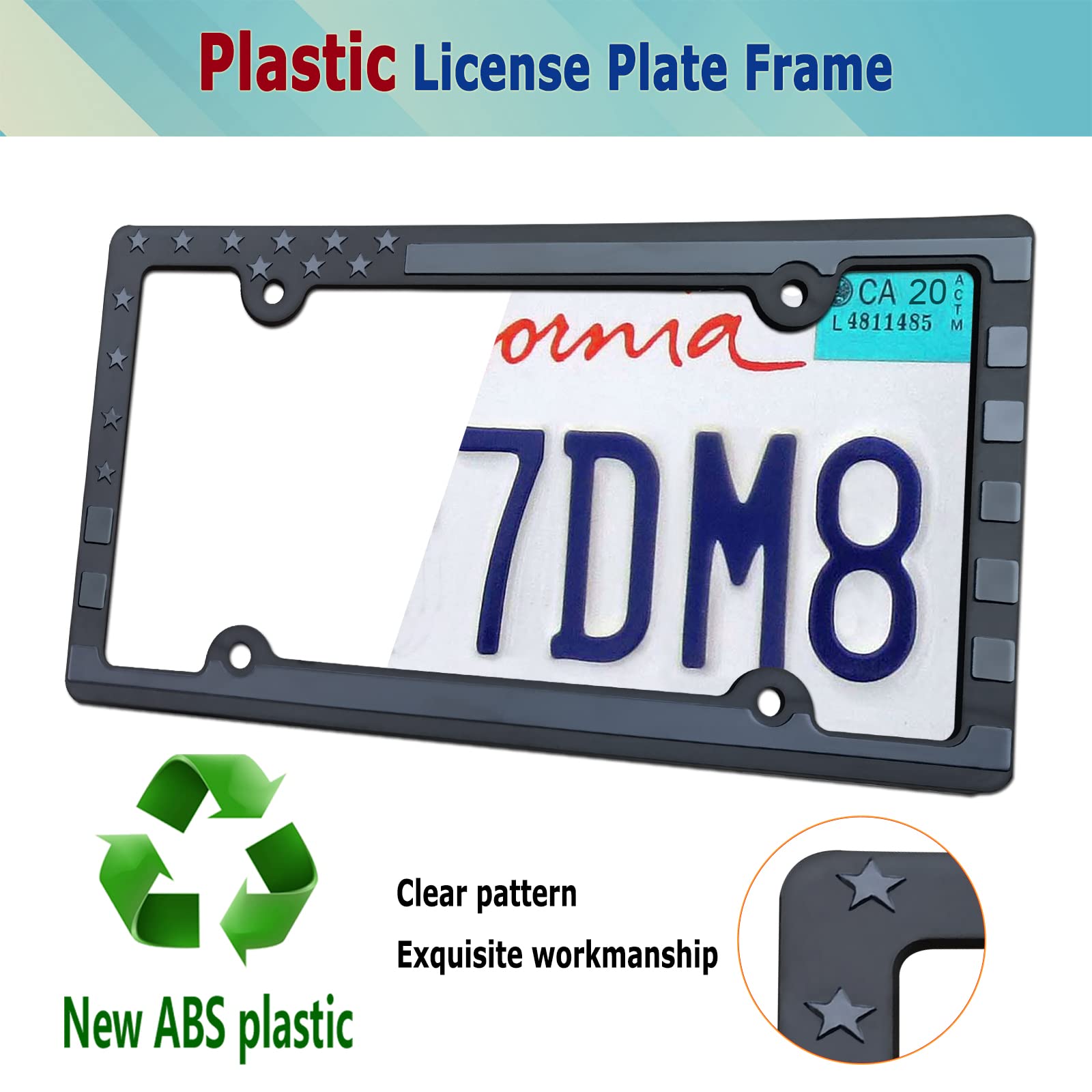 Bggtmo American Flag License Plate Frames- Patriotic Usa Stars And Stripes Plastic Car Tag Holder Cover (Gloss On Matte Black) W