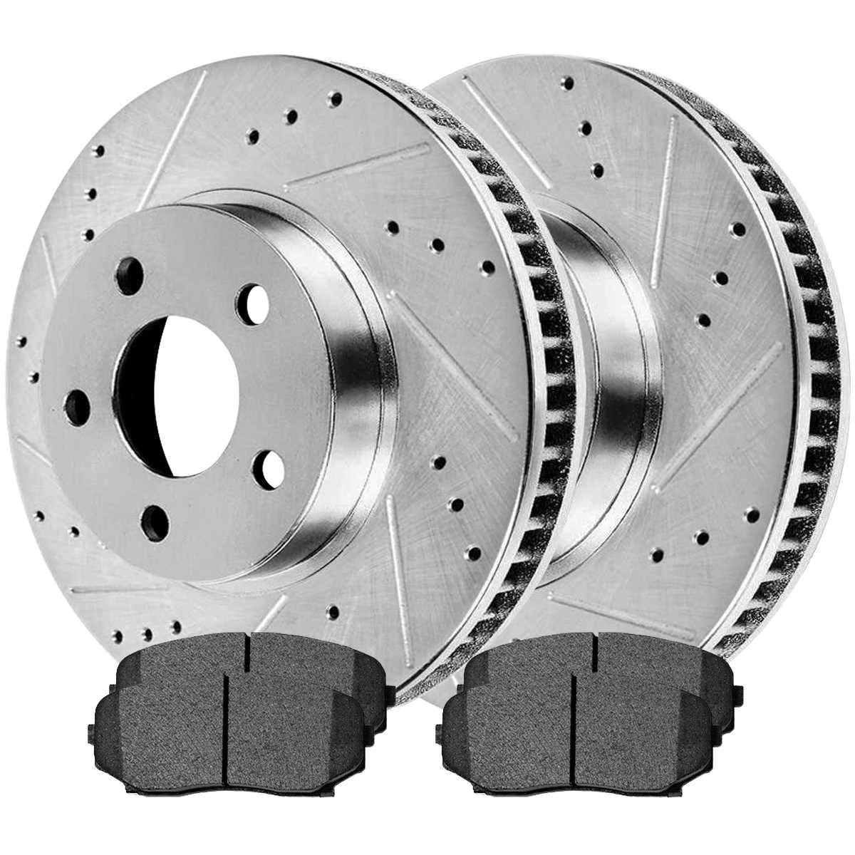 Autoshack Front Drilled And Slotted Brake Kit Rotors Silver And Ceramic Pads Pair Of 2 Driver And Passenger Side Replacement For