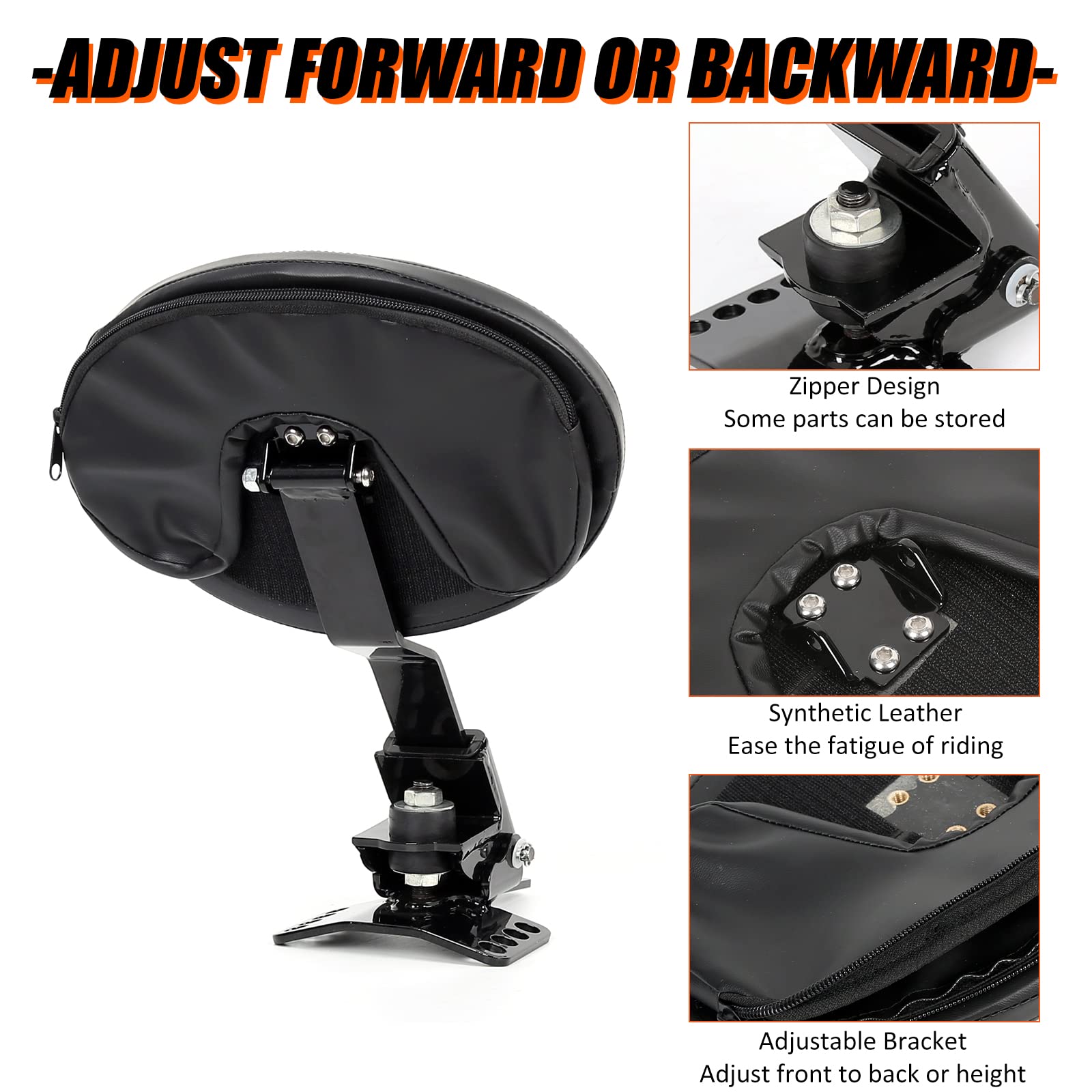 ECOTRIC Adjustable Driver Backrest Kit for Harley Touring 1988-2023, Removable Back Pocket, Medium, Black, Metal