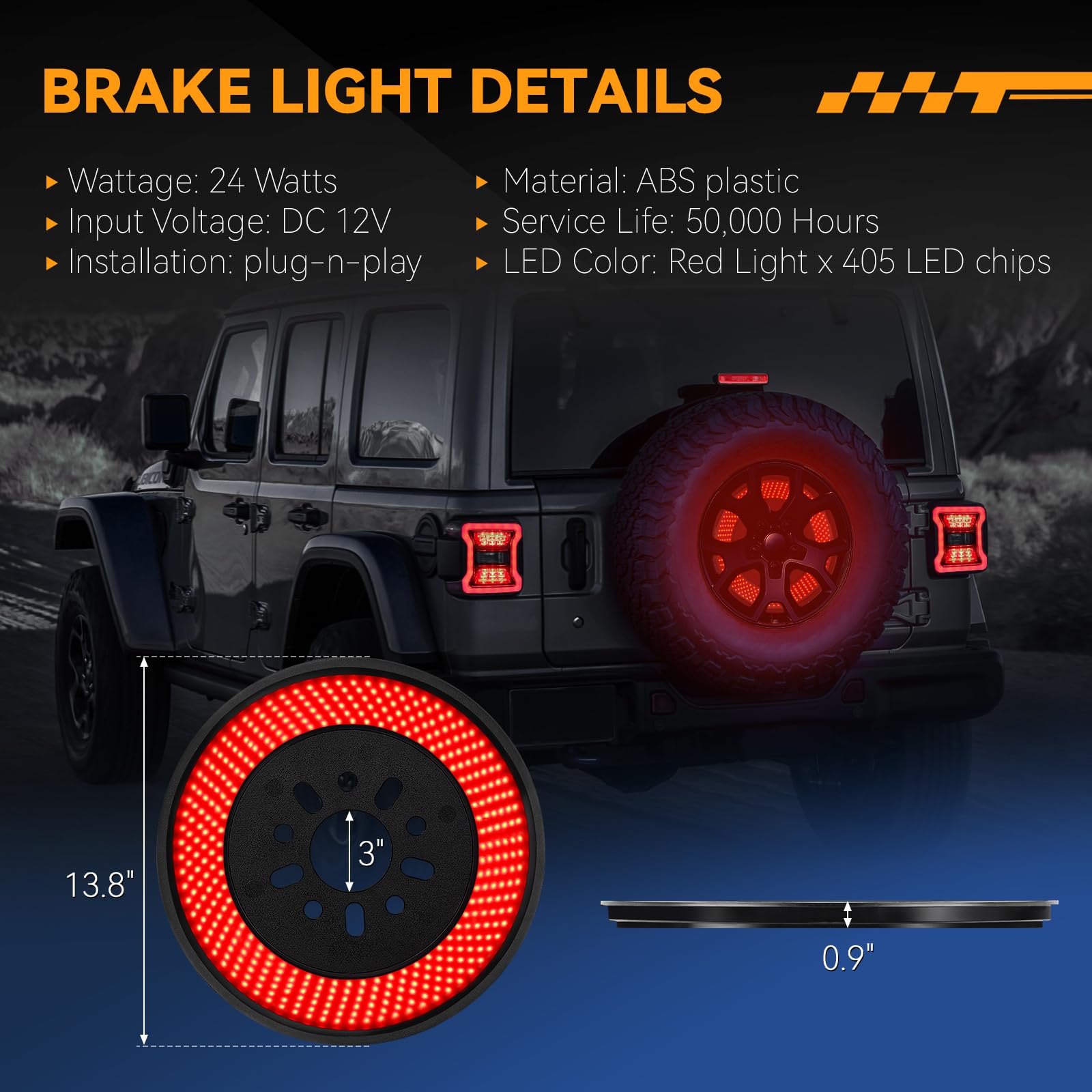 KARSAM LED 3rd Brake Light for 2018-2025 Jeep Wrangler JL JLU, Red ABS Plastic, Plug-N-Play, Super Bright, Rear Tail Light Accessory