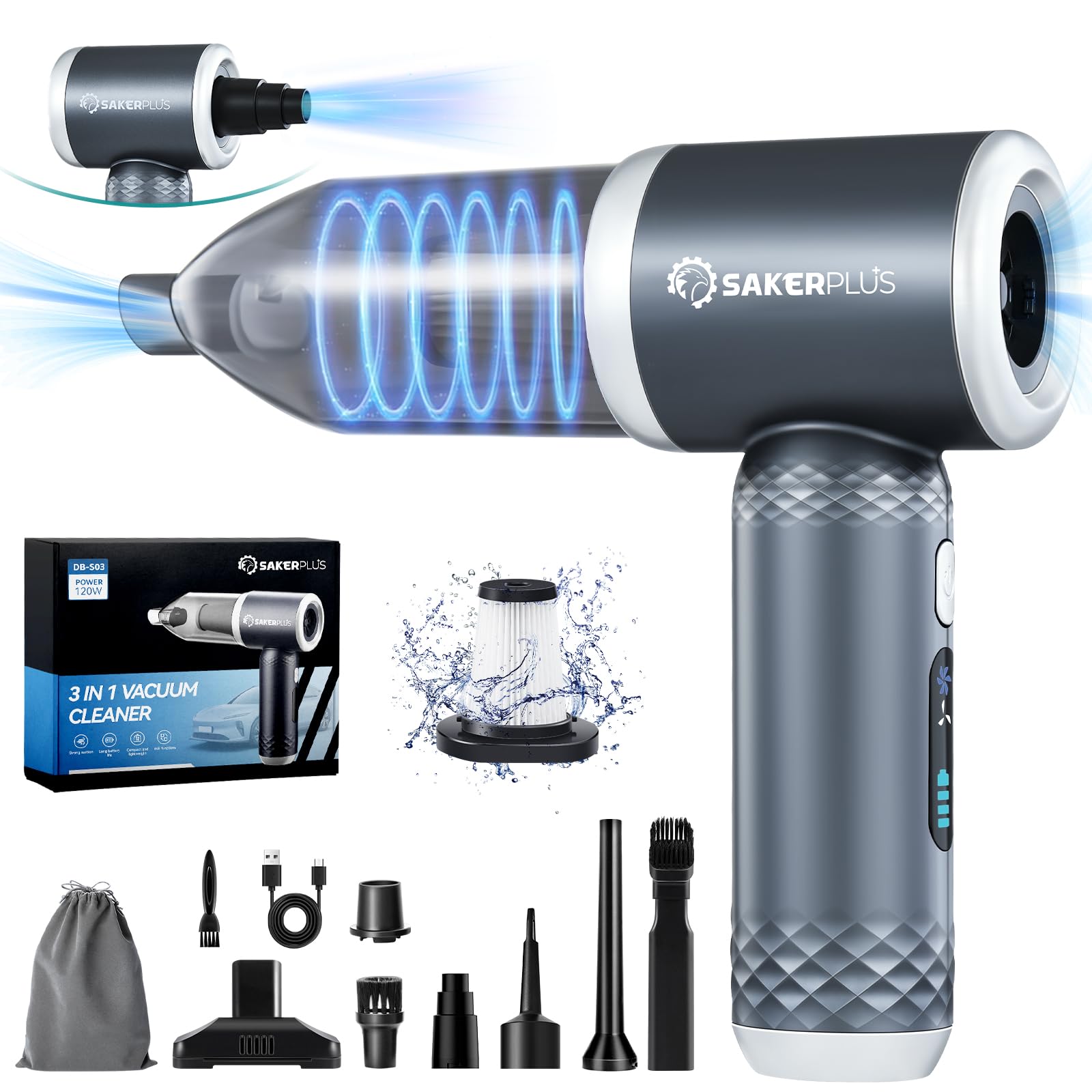 SakerPlus Mini Vacuum Cleaner, 3 in 1 Cordless Handheld Vacuum Cleaner, 13000Pa High Power Car Vacuum Cleaner with Brushless Mot