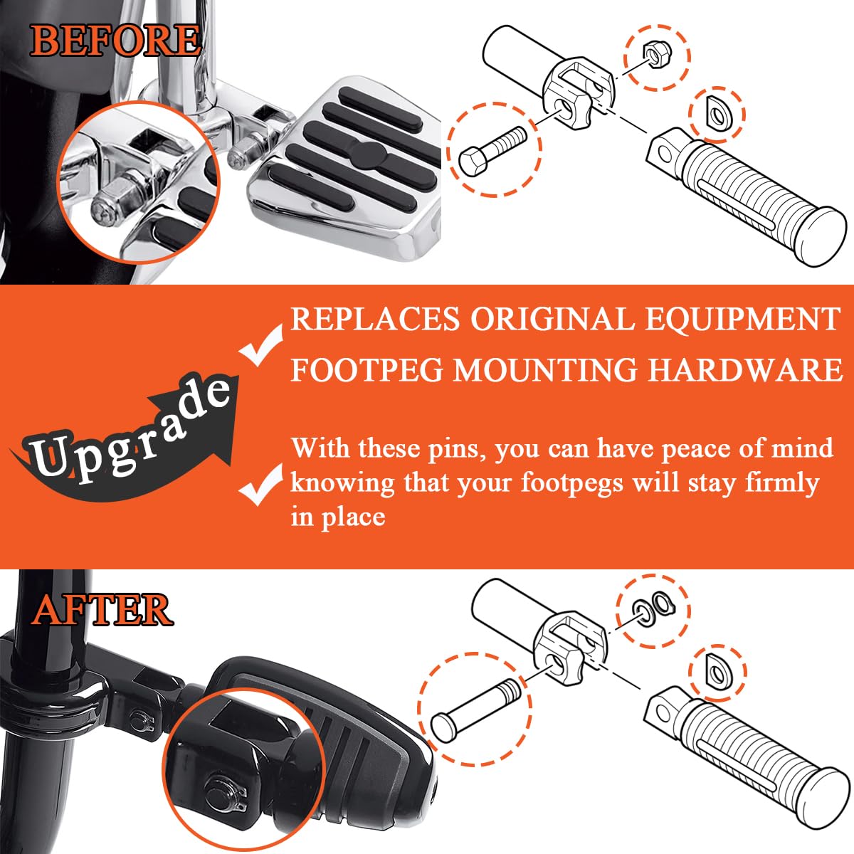 Fovplue Footpeg Mounting Pins Kit, Clevis Pin+Spring Washer+Retaining Ring For Harley Models W/Male Mount-Style Rider/Passenger