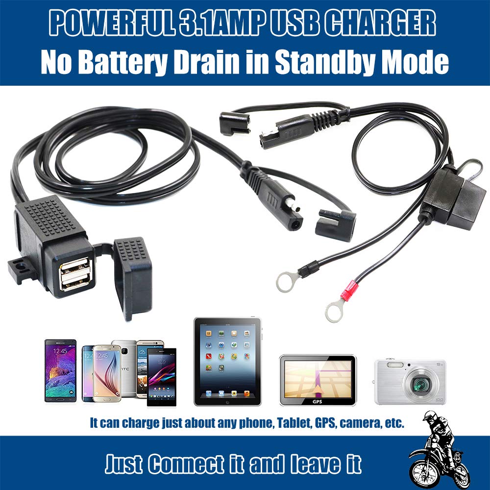 Motopower Mp0609Ea 3.1Amp Waterproof Motorcycle Dual Usb Kit Sae To Usb Adapter Cable With Sae Ring Terminal Cable Harness