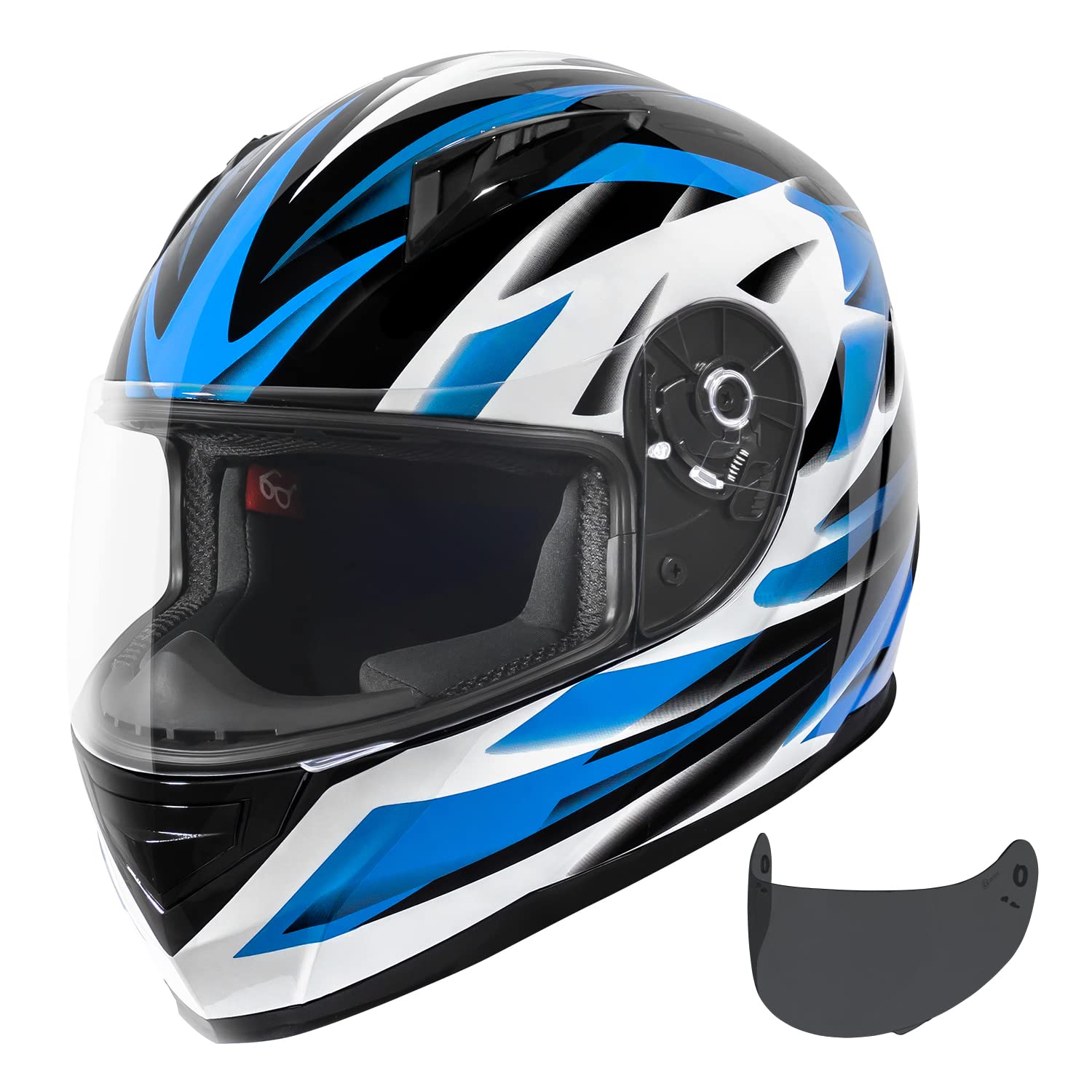 Vcan Vx Lightweight Full Face Motorcycle Street Bike Helmet With Extra Tinted Visor Dot Approved (Gloss Black Stream Blue, Large