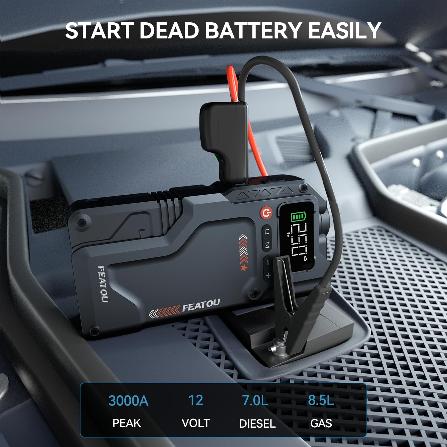 Featou Jump Starter with Air Compressor, 5 in 1 Functional Jump Box 3000A Peak Battery Power Pack with 150PSI Digital Tire Infla