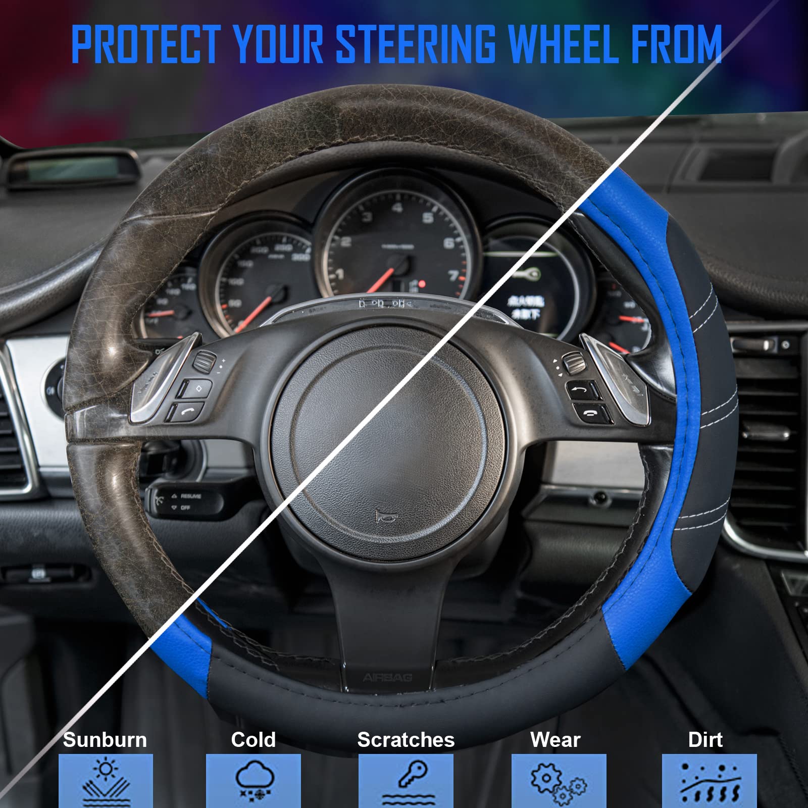 Car Pass Line Rider Microfiber 15.5-16 Inch Leather Sporty Steering Wheel Cover Universal Fits For Truck Suv Cars Pick Up, Anti-