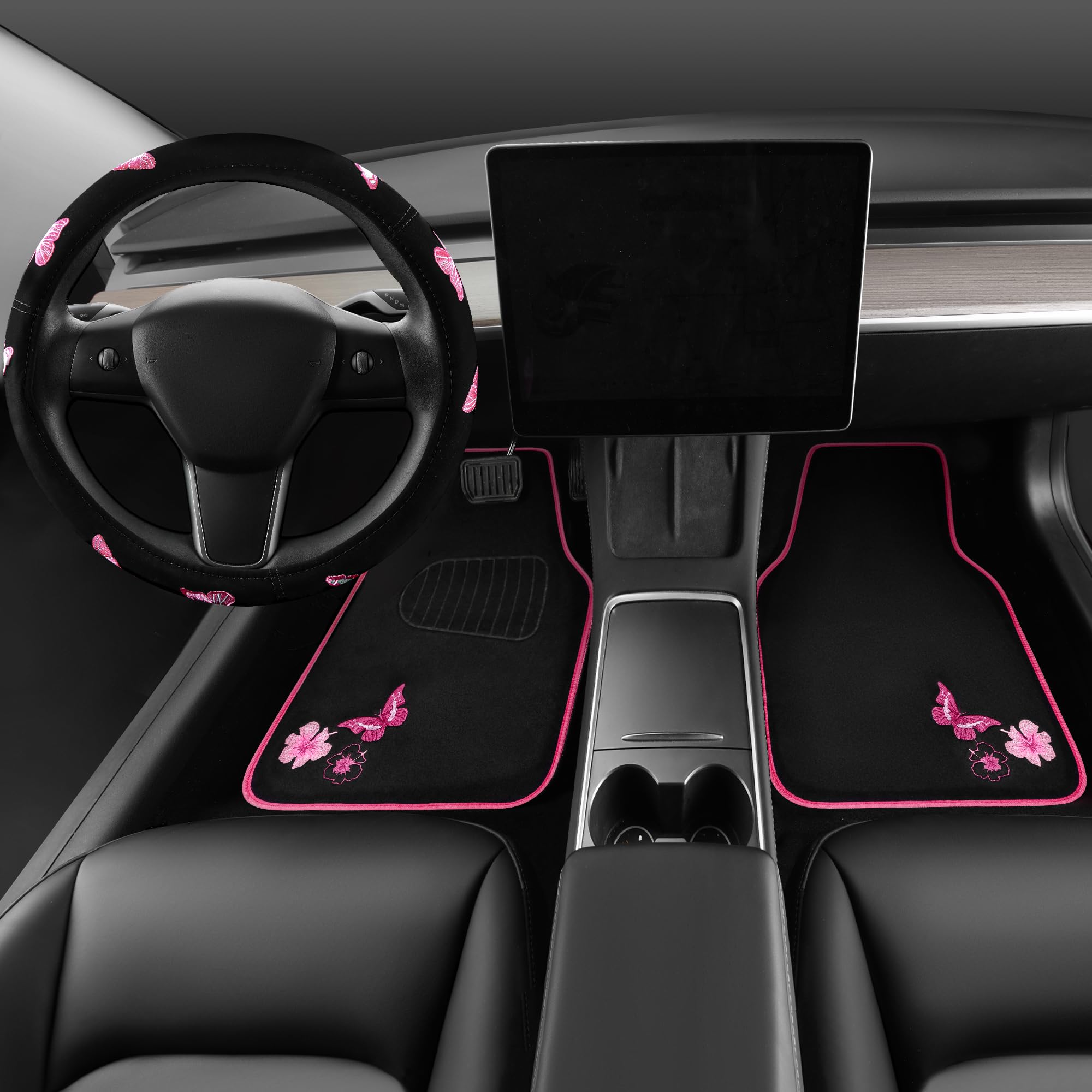 Car Pass Embroidery Butterfly Steering Wheel Cover And Waterproof Car Floor Mats,Pink Car Mats 14.5-15Inch Steering Wheel Covers