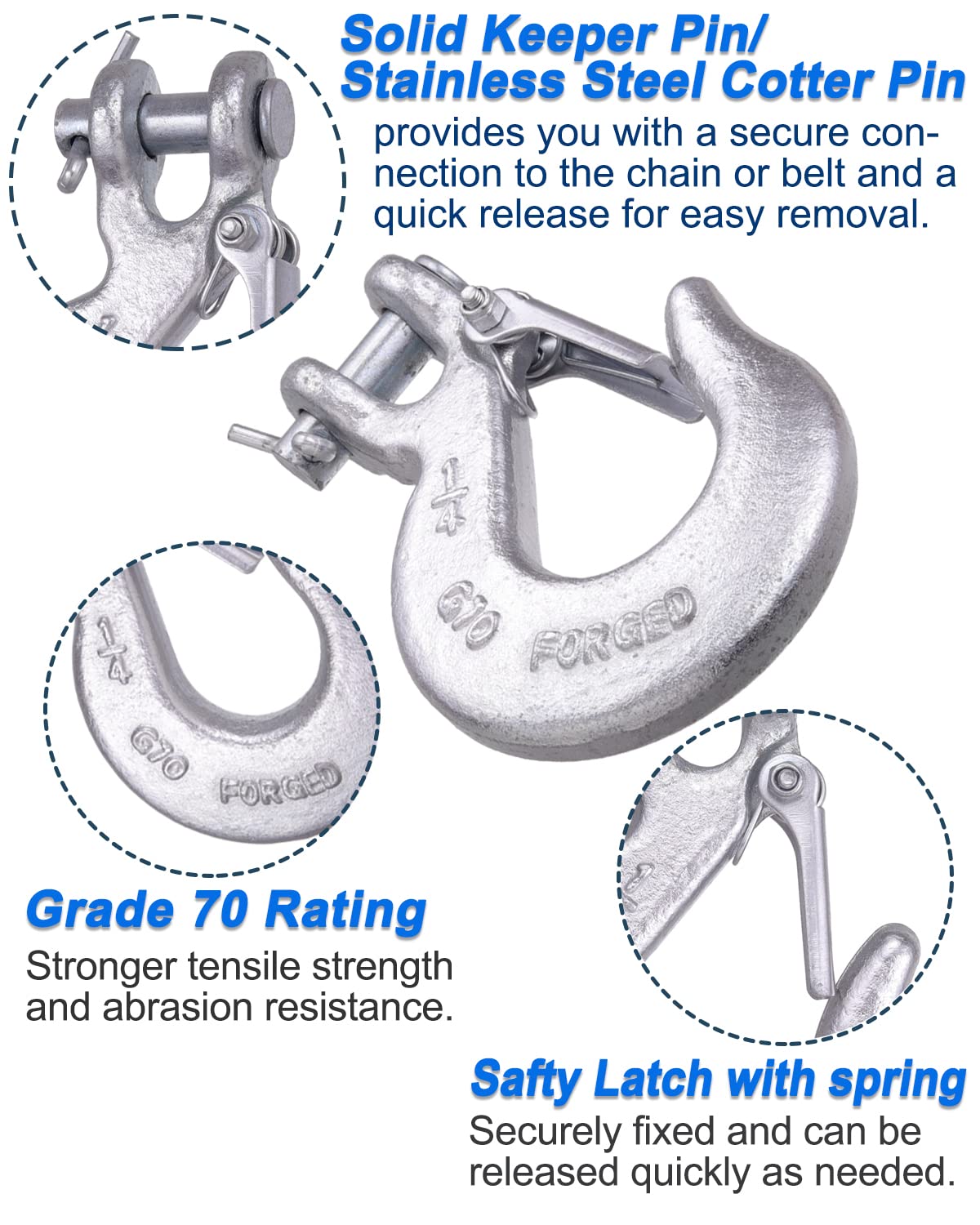Wenhuali 1/4 Inch Safety Chain Hooks, Clevis Slip Hook With Safety Latch, Grade 70 Forged Steel 12,600 Lb For Trailer Truck Tran
