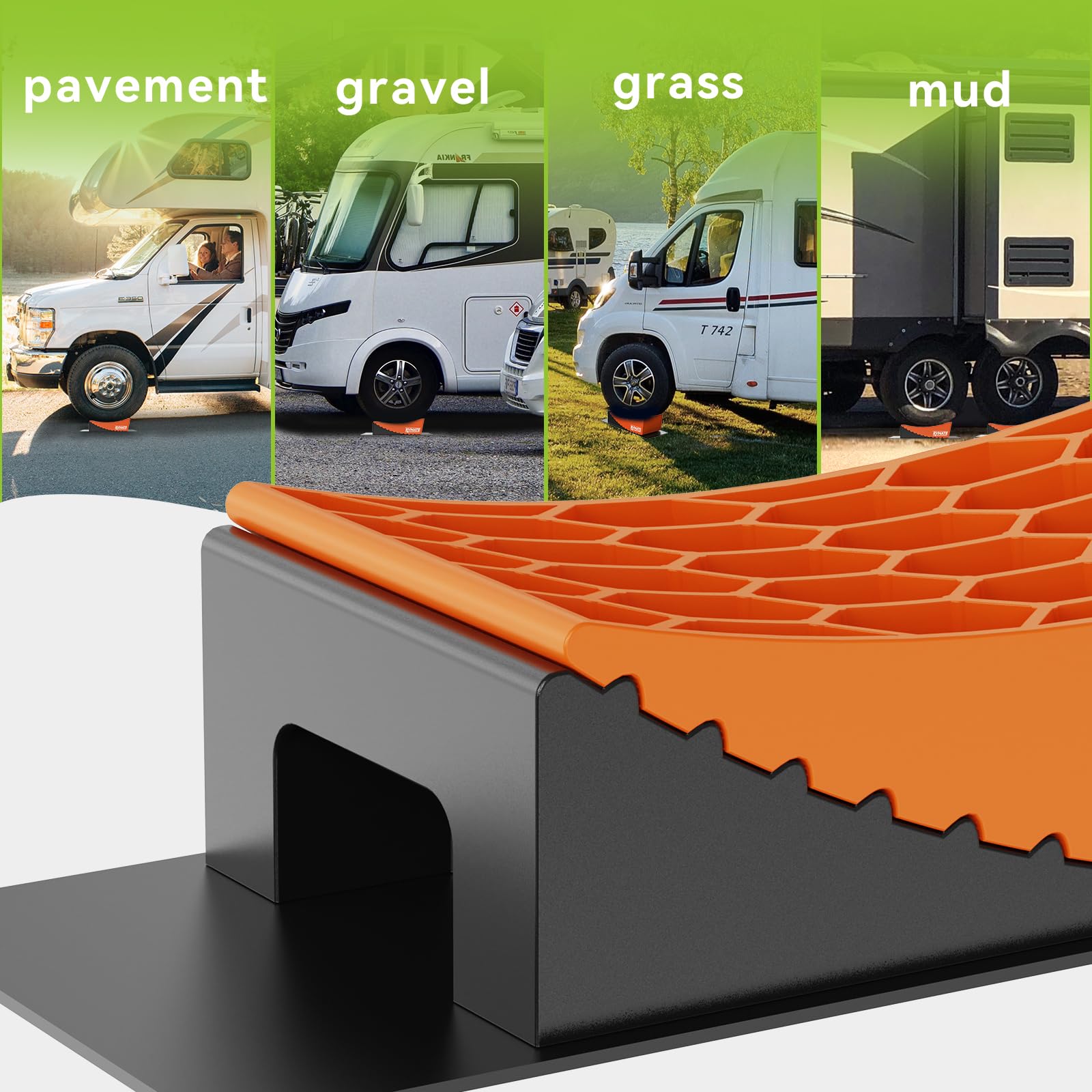 RVMATE Camper Levelers 8-Piece Kit - Includes Curved Levelers, Wheel Chocks, Level, and Grip Mats - Orange, Model RMLBK-O