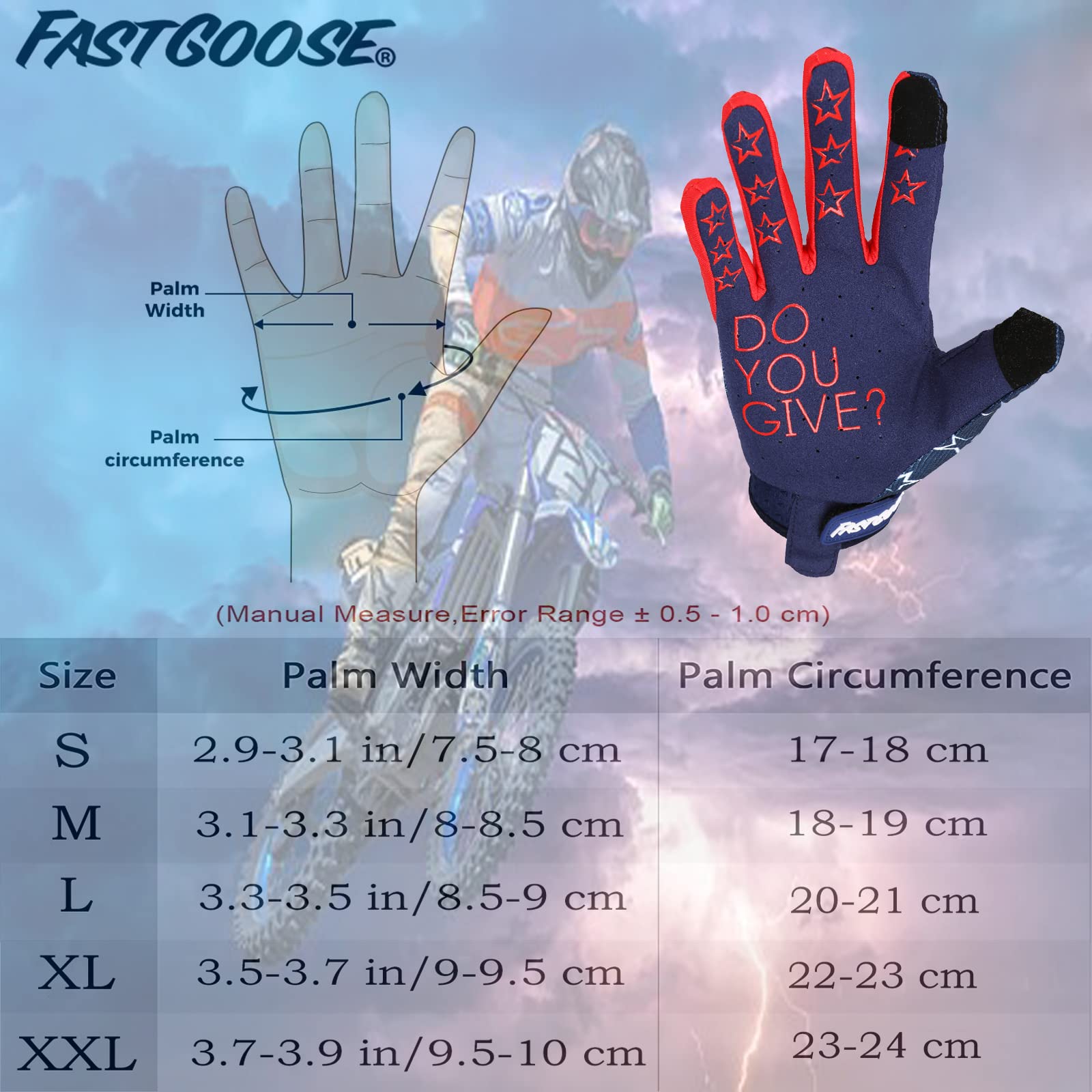 FASTGOOSE Motorcycle Gloves - Breathable Lightweight Off-Road Gloves for Men Women, Large, Blue/Red, Ideal for ATV BMX MTB Racing