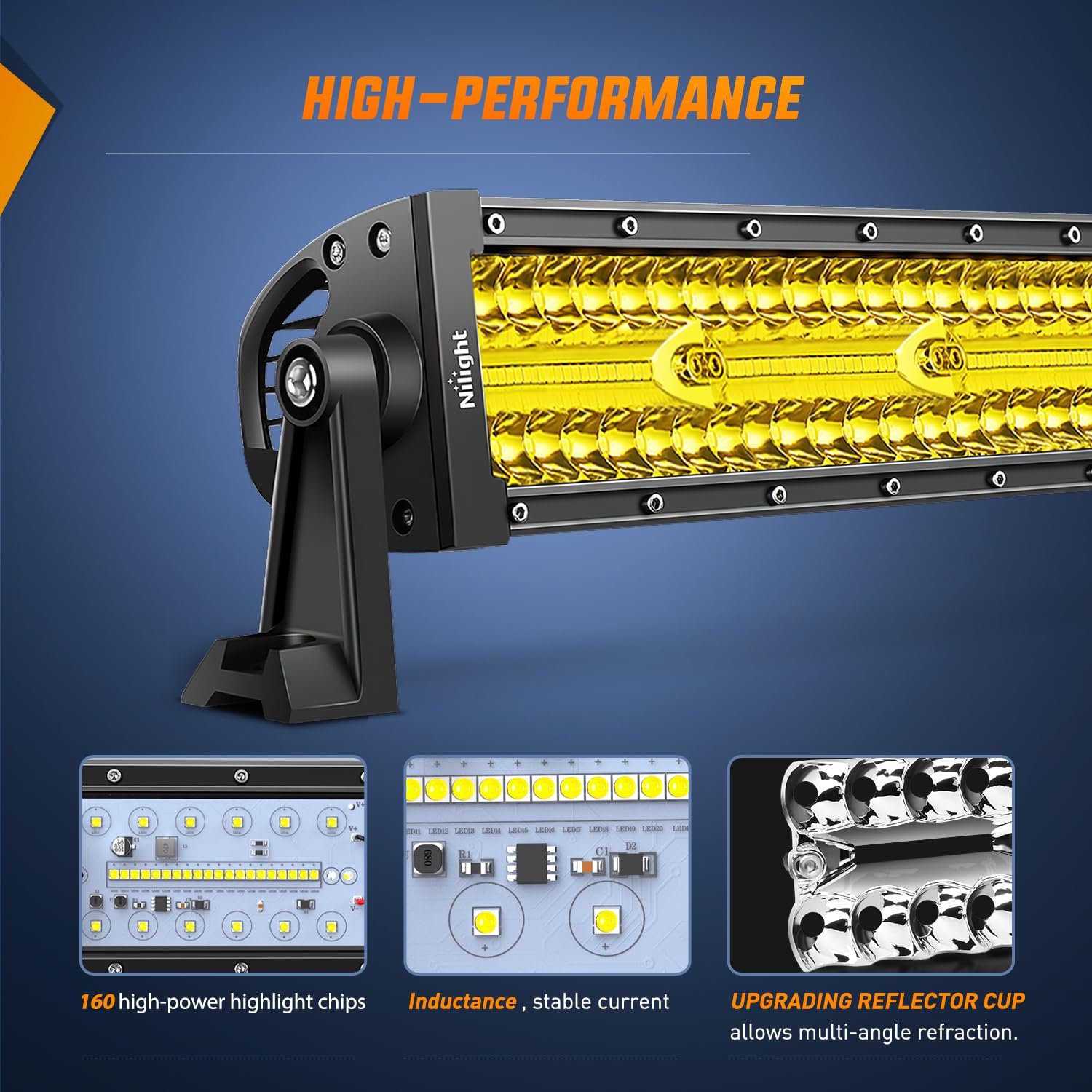 Nilight Amber Led Light Bar 22Inch 480W Triple Row Flood Spot Combo Waterproof Off Road Driving Lighting With Off-Road Wiring Ha
