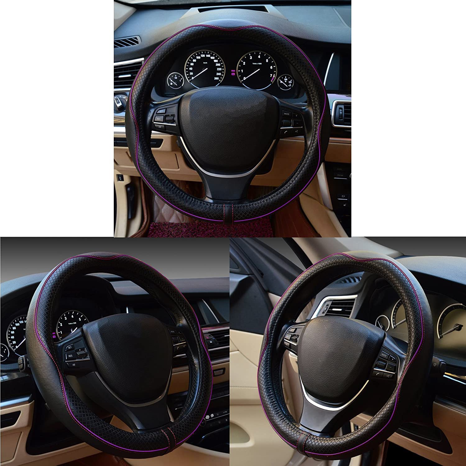 Gomass Car Steering Wheel Cover, Anti-Slip, Safety, Soft, Breathable, Heavy Duty, Thick, Full Surround, Sports Style (Black With