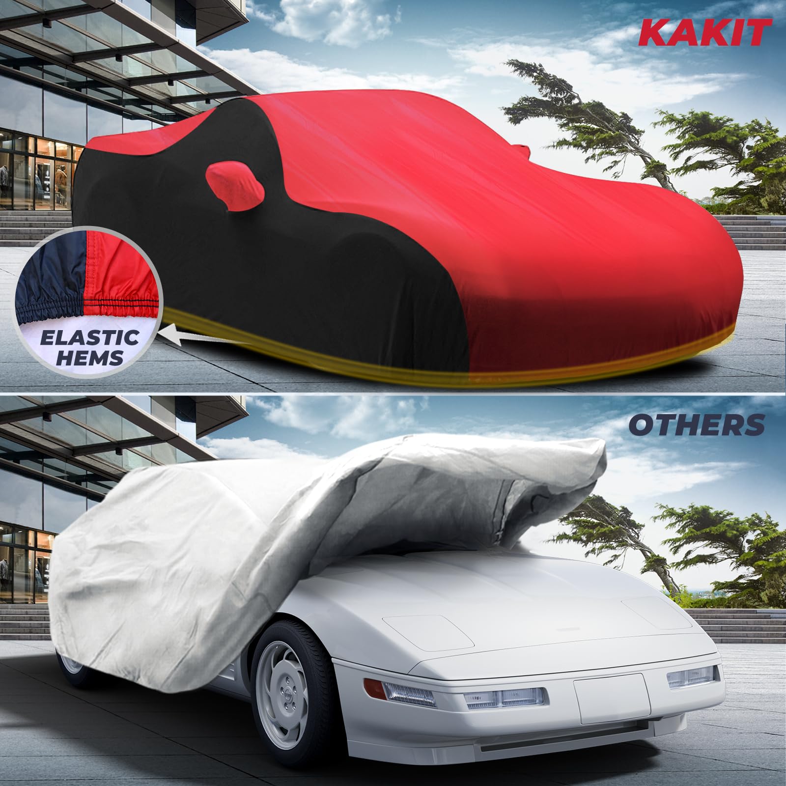 KAKIT Waterproof Car Cover for 1968-1982 C3 Stingray, UV Resistant, Red & Black Combo, Indoor & Outdoor Use