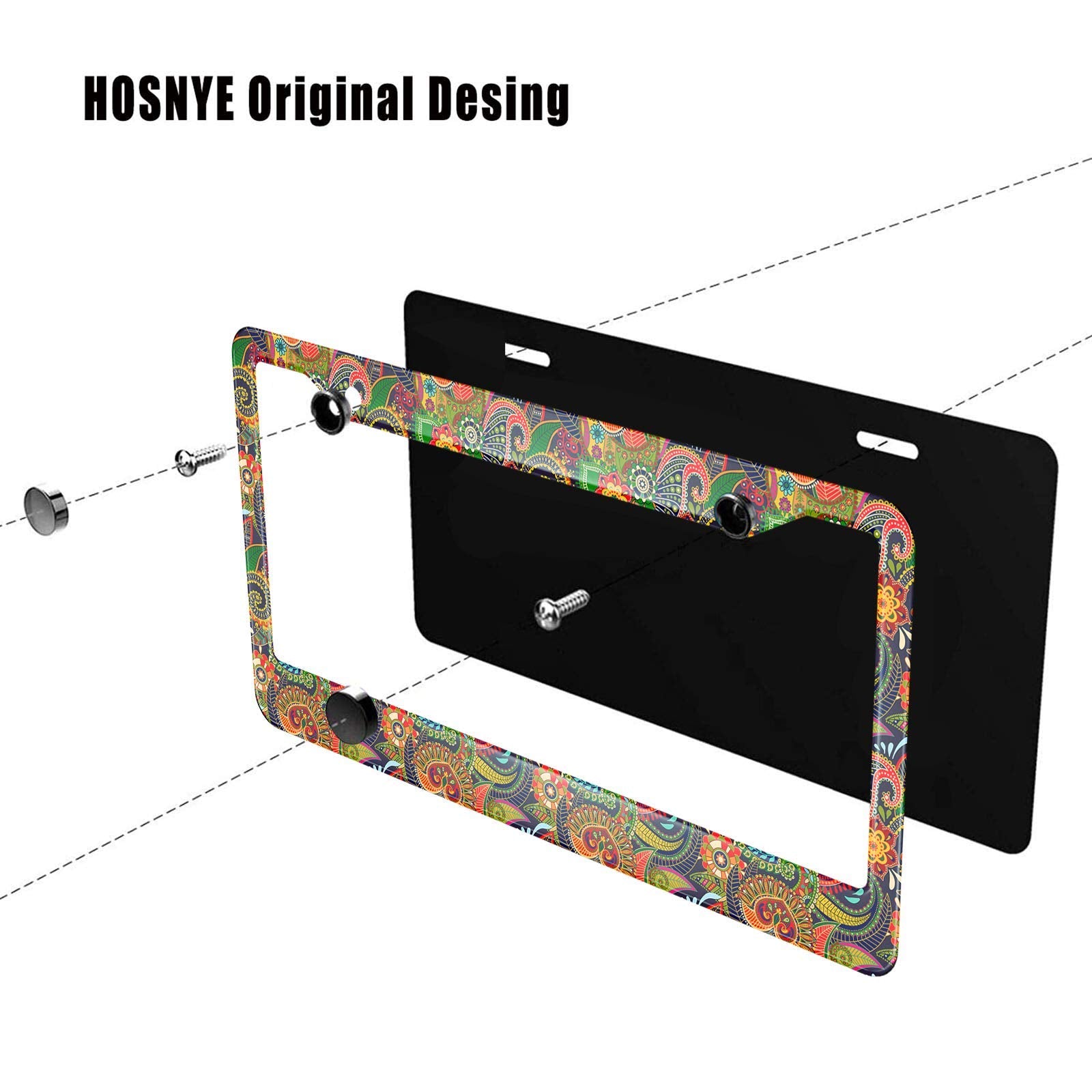 HOSNYE Colorful Paisley Mandala License Plate Frame Horns Petals Leaves Indian Element Lace Turkish Metal License Plate Cover Fr